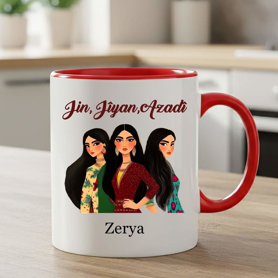 İsme Özel Jin Jiyan Azadi Kadın Tasarımlı Kırmızı Klasik Kupa Bardağı - Jin Jiyan Azadi Motifli Klasik Kırmızı Renkli Kupa Bardak