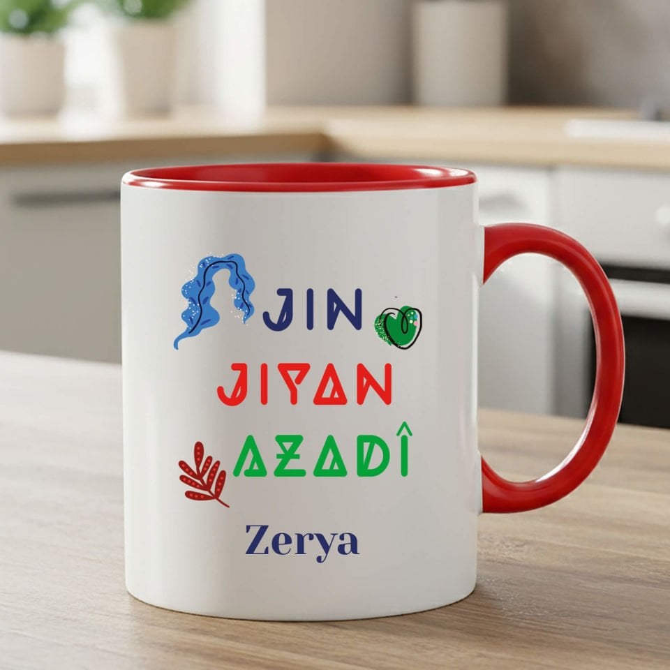 İsme Özel Jin Jiyan Azadi Yazılı Kırmızı Klasik Kupa Bardağı - Jin Jiyan Azadi Yazılı Klasik Kırmızı Renkli Kupa Bardak