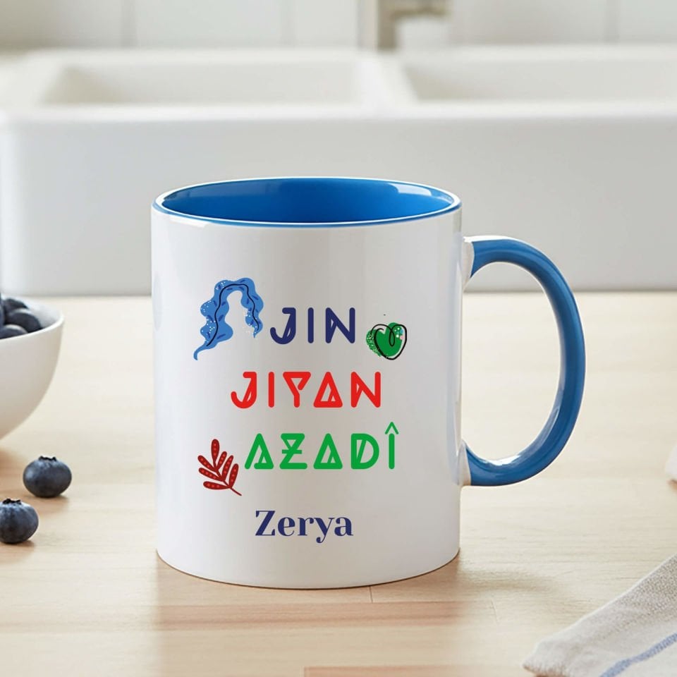 İsme Özel Jin Jiyan Azadi Yazılı Mavi Klasik Kupa Bardağı - Jin Jiyan Azadi Yazılı Klasik Mavi Renkli Kupa Bardak