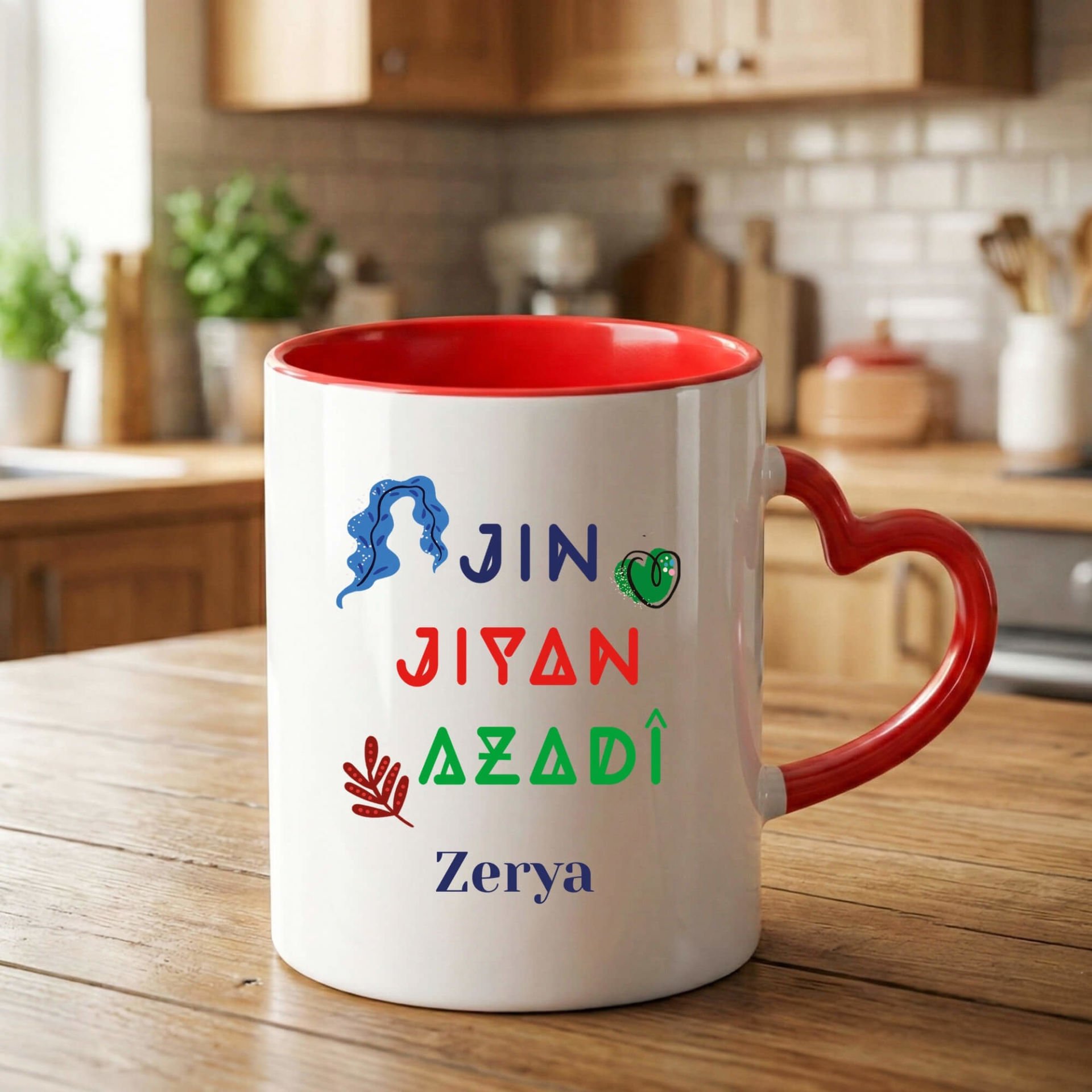 İsme Özel Jin Jiyan Azadi Yazılı Kırmızı Kalp Kupa Bardağı - Jin Jiyan Azadi Yazılı Kalp Kupa Bardak