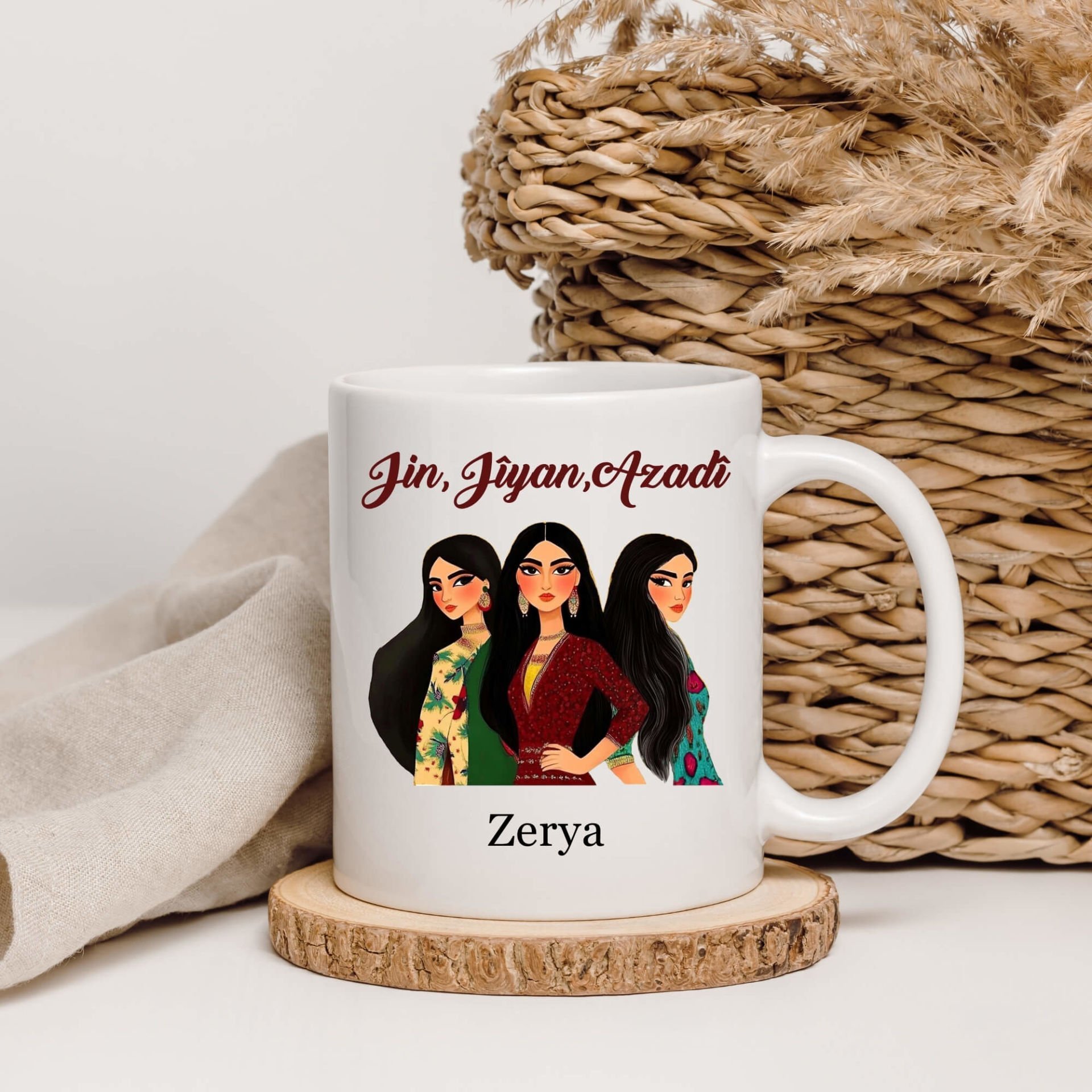 İsme Özel Jin Jiyan Azadi Kadın Tasarımlı Klasik Kupa Bardağı - Jin Jiyan Azadi Kadın Motifli Klasik Beyaz Kupa Bardak