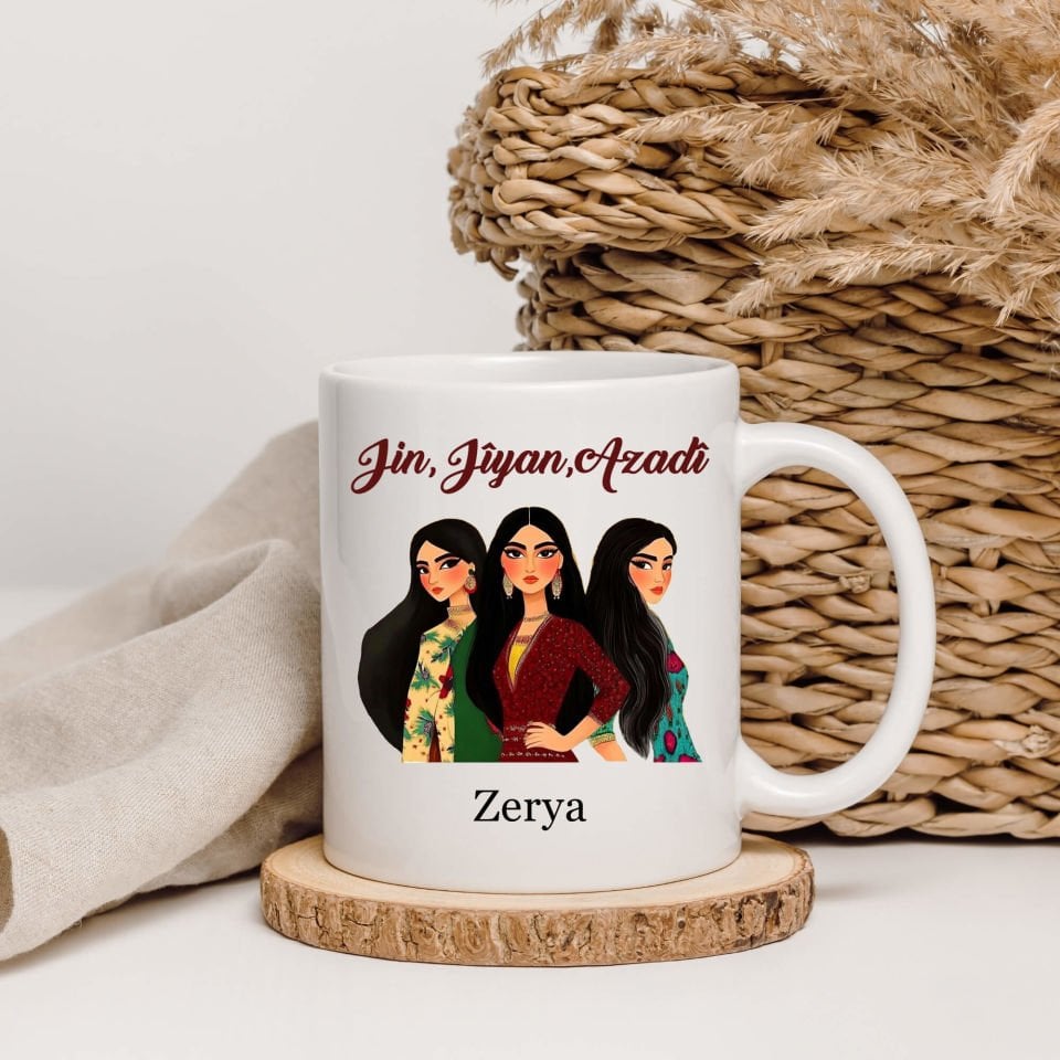 İsme Özel Jin Jiyan Azadi Kadın Tasarımlı Klasik Kupa Bardağı - Jin Jiyan Azadi Kadın Motifli Klasik Beyaz Kupa Bardak