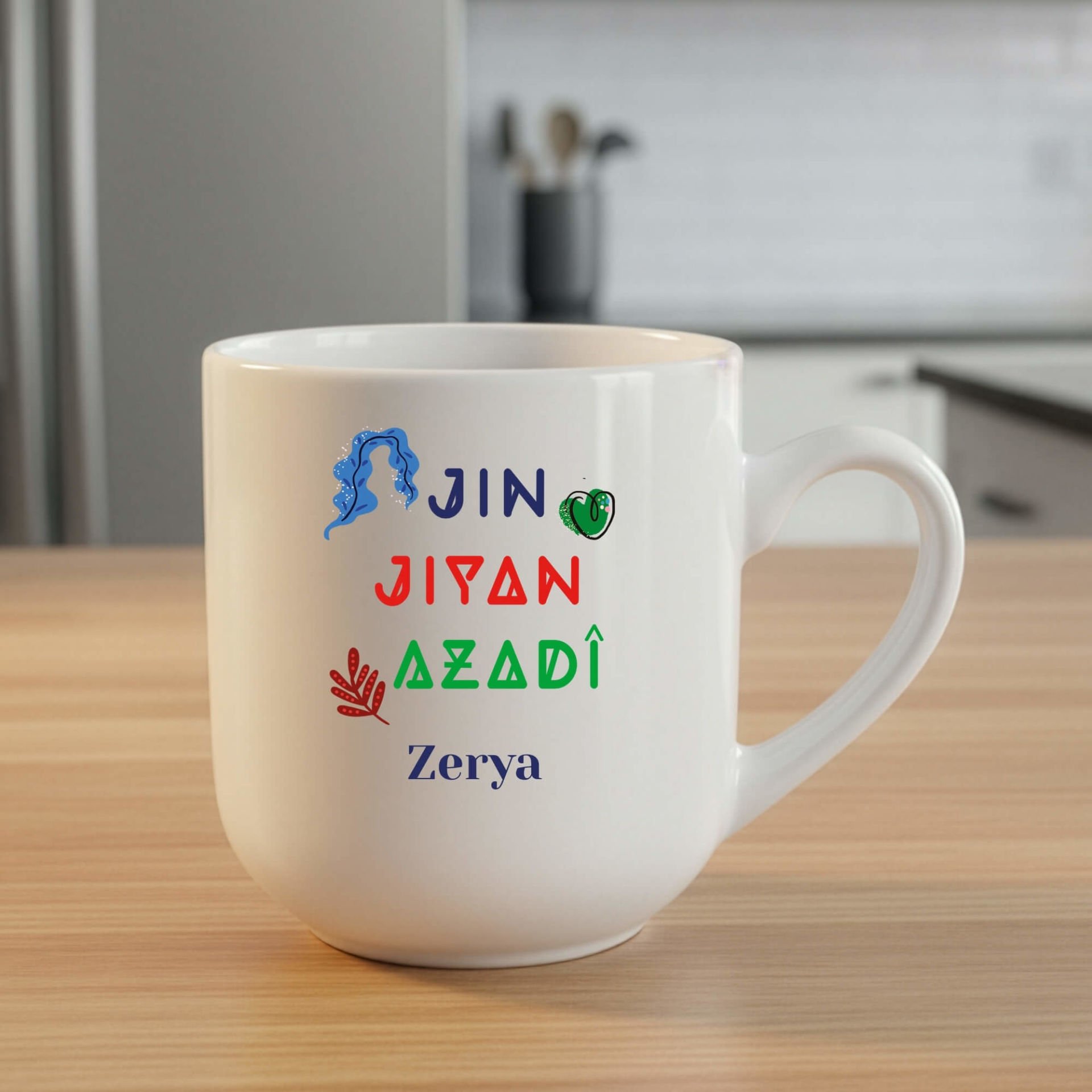 İsme Özel Jin Jiyan Azadi Yazılı Elite Beyaz Kupa Bardak - Kişiye Özel Jin Jiyan Azadi Elite Oval Kupası