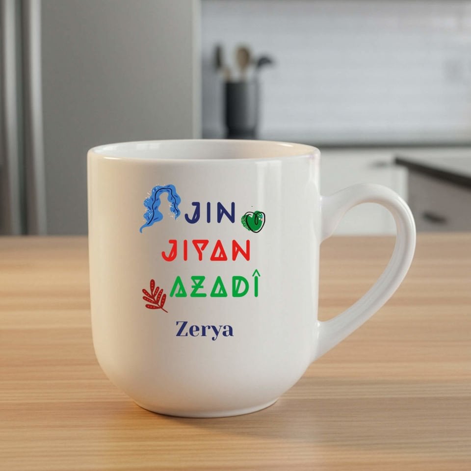 İsme Özel Jin Jiyan Azadi Yazılı Elite Beyaz Kupa Bardak - Kişiye Özel Jin Jiyan Azadi Elite Oval Kupası