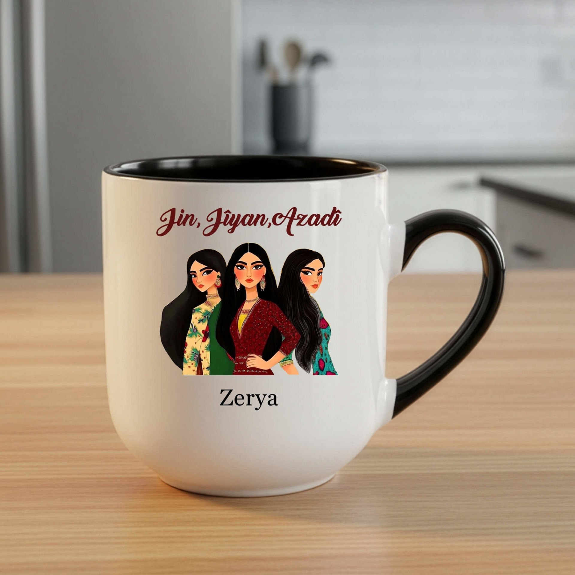 İsme Özel Jin Jiyan Azadi Kadın Tasarımlı Elite Siyah Kupa Bardak - Kişiye Özel Jin Jiyan Azadi Kadın Motifli Elite Siyah Oval Kupası