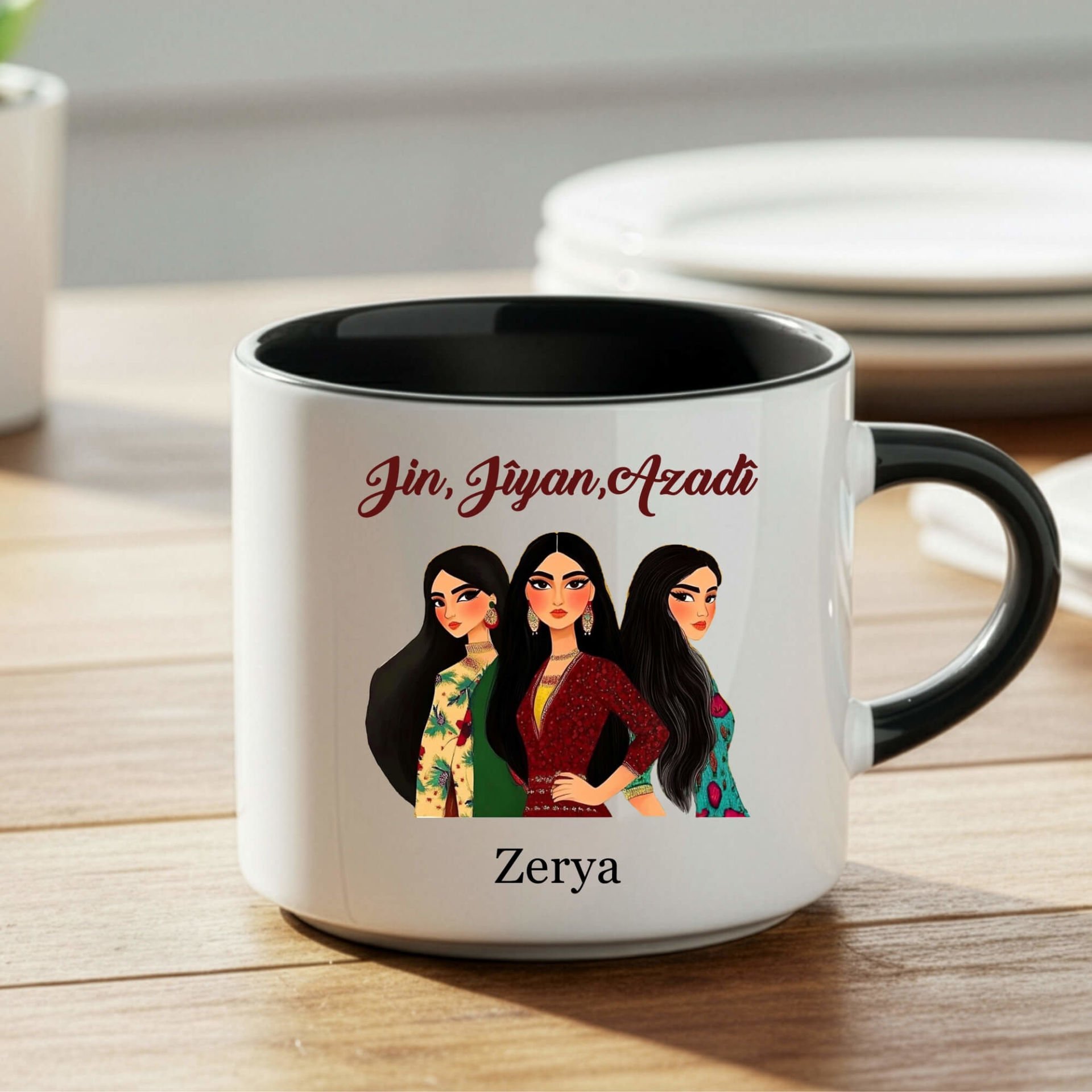 İsme Özel Jin Jiyan Azadi Kadın Tasarımlı Siyah Nescafe Kupa Bardağı - Jin Jiyan Azadi Kadın Motifli Nescafe Siyah Renkli Kupa Bardak