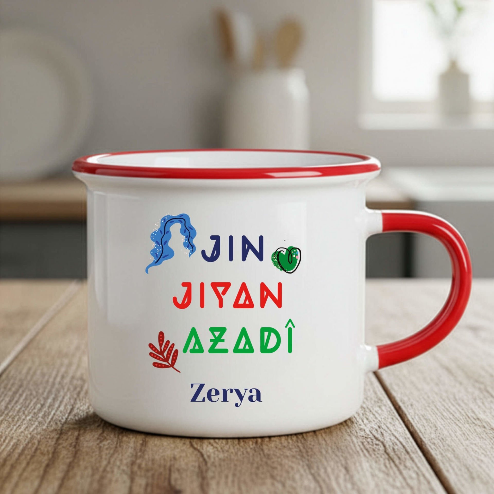 İsme Özel Jin Jiyan Azadi Yazılı Enamel Kırmızı Kupa Bardağı - Jin Jiyan Azadi Yazılı Enamel Kırmızı Renkli Kupa Bardak