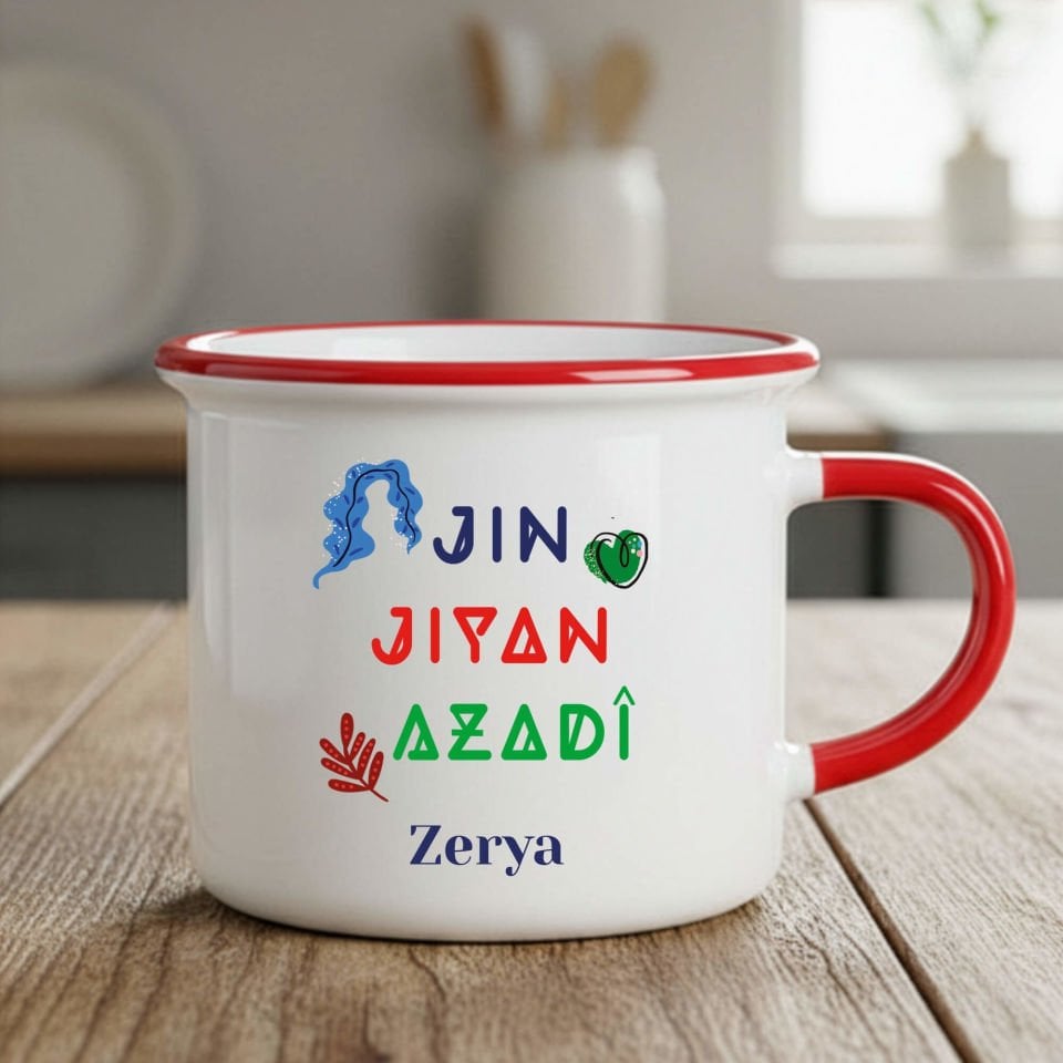 İsme Özel Jin Jiyan Azadi Yazılı Enamel Kırmızı Kupa Bardağı - Jin Jiyan Azadi Yazılı Enamel Kırmızı Renkli Kupa Bardak