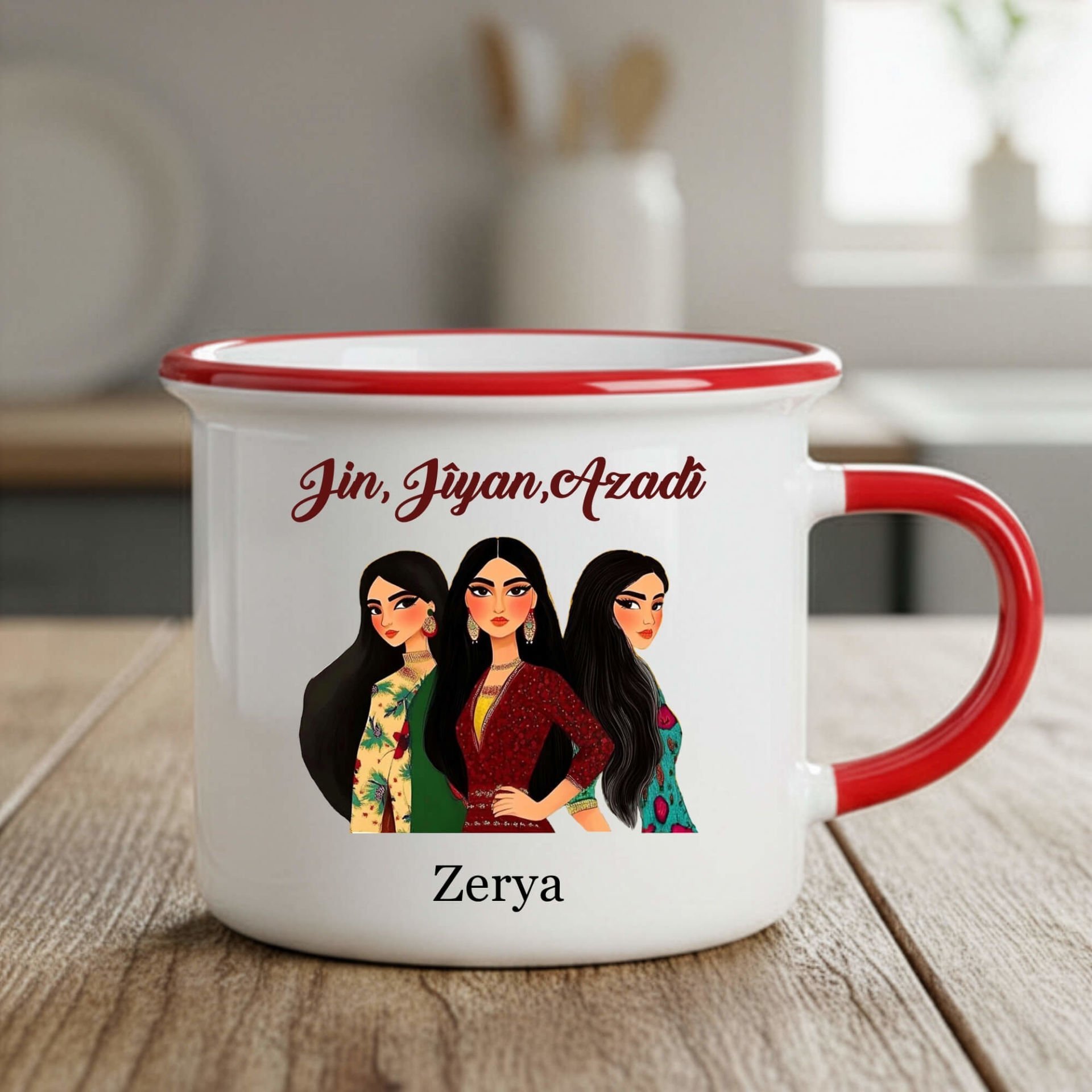 İsme Özel Jin Jiyan Azadi Kadın Motifli Enamel Kırmızı Kupa Bardağı - Jin Jiyan Azadi Kadın Motifli Enamel Kırmızı Renkli Kupa Bardak