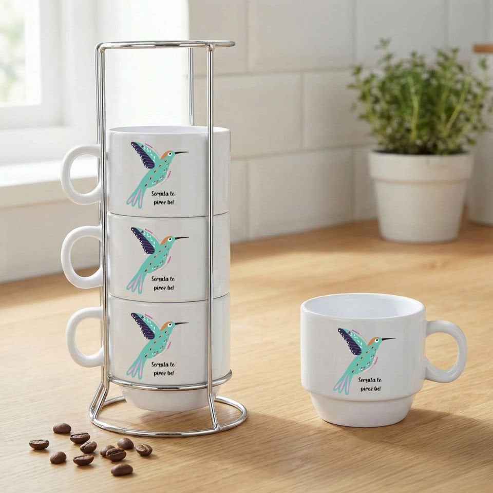 Kürtçe Yılbaşı Kutlamalı Kuş Tasarımlı Standlı 4'lü Porselen Kahve Fincan Seti - Sersala Te Pîroz Be Kuş Motifli Kahve Fincanları
