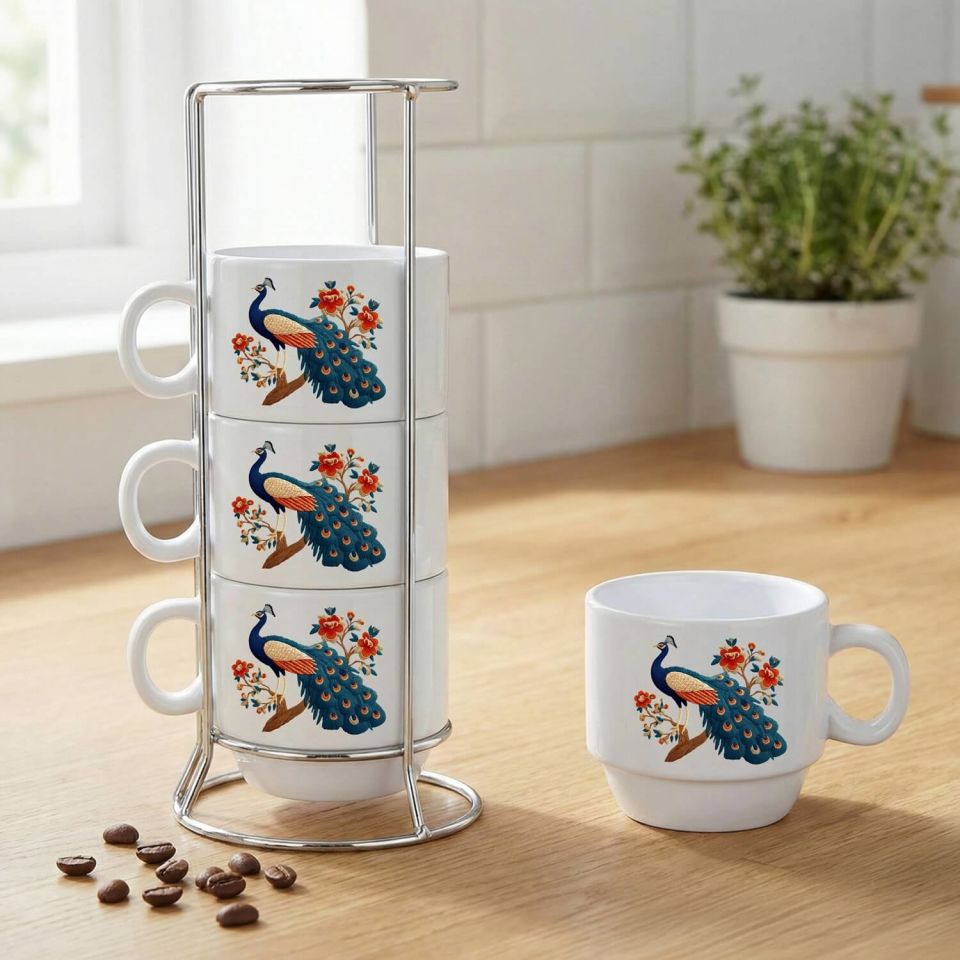 Melekê Tawis Tasarımlı Standlı 4'lü Porselen Kahve Fincan Seti - Tavus Kuşu Motifli Kahve Fincanları