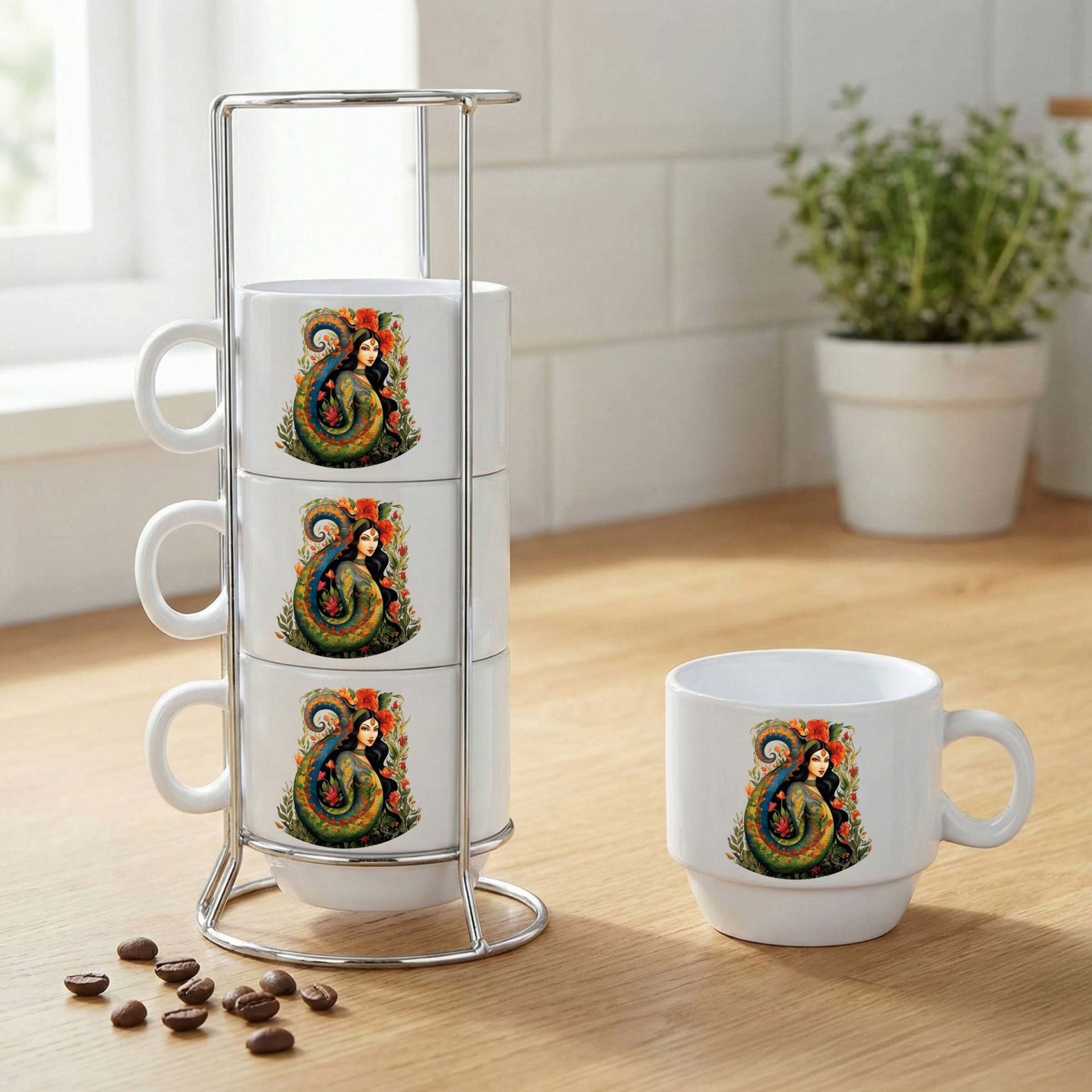 Şahmaran Tasarımlı Standlı 4'lü Porselen Kahve Fincan Seti - Şahmeran Motifli Kahve Fincanları