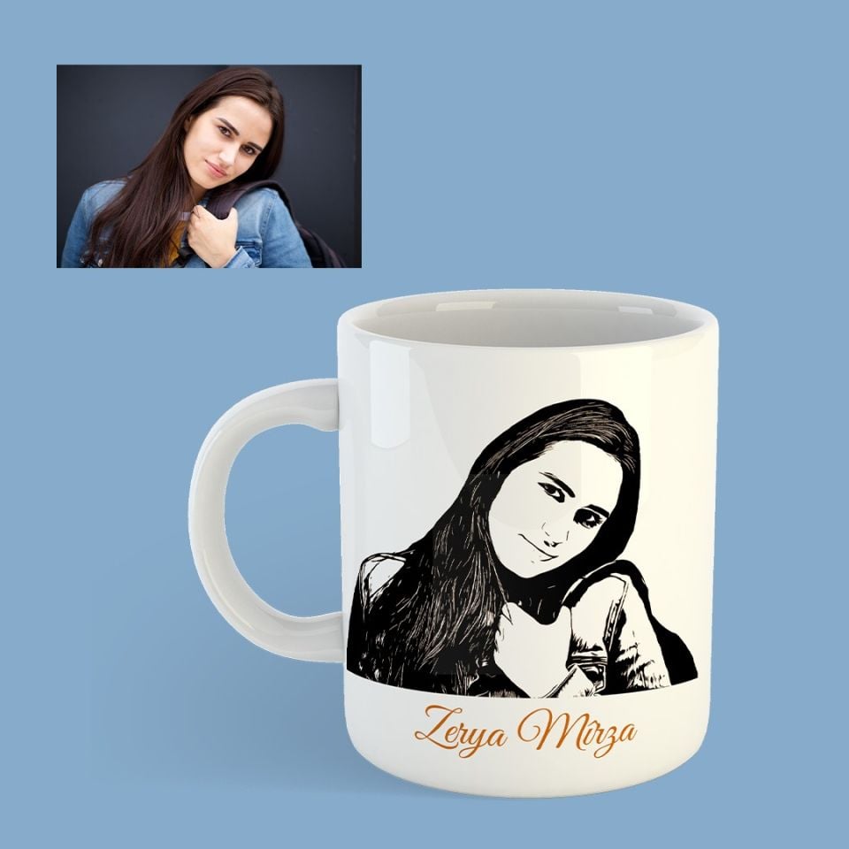 Kişiye Özel İsimli ve Karakalem Resimli Kupa Bardağı - Resimli Karakalem Kupası