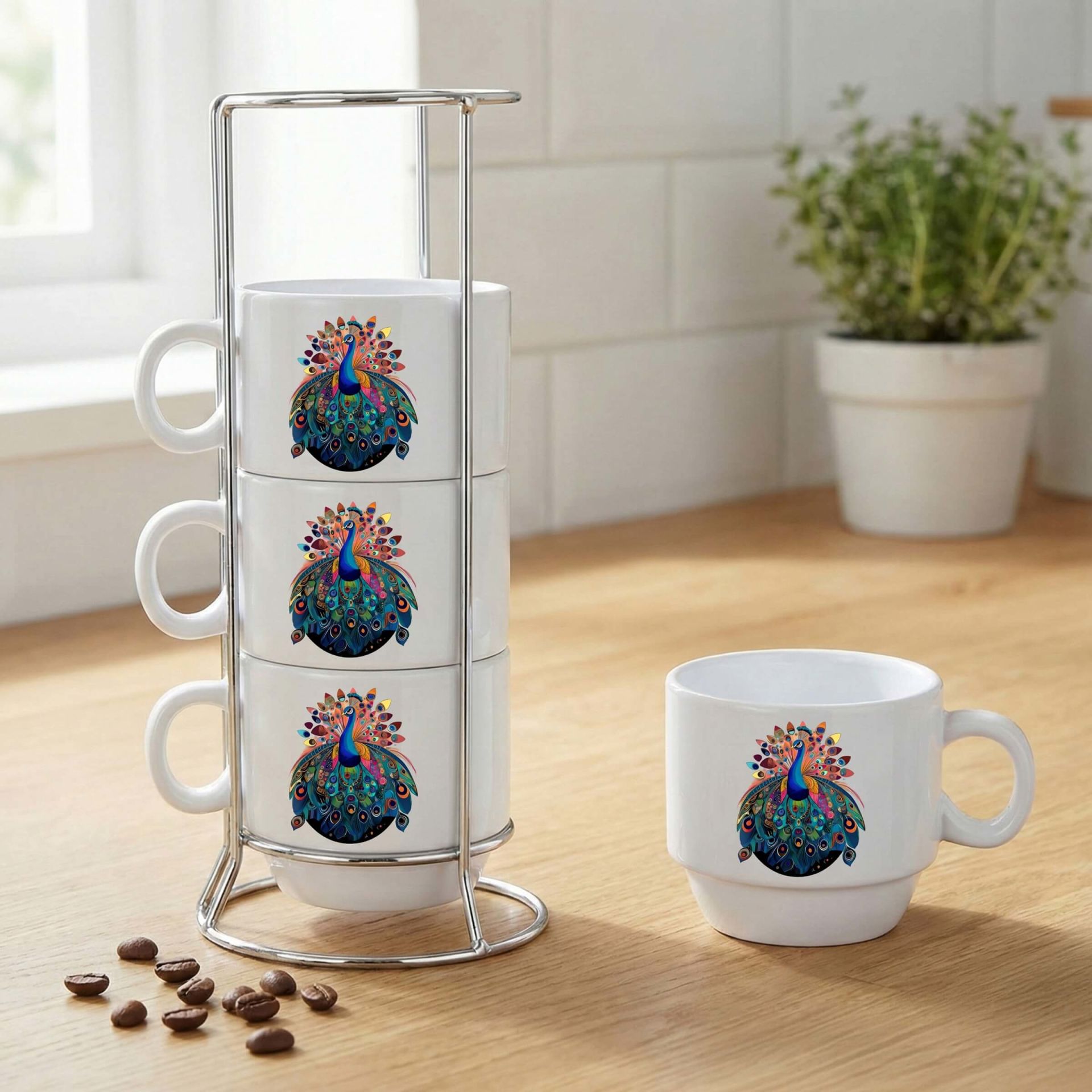 Melekê Tawis Tasarımlı Standlı 4'lü Porselen Kahve Fincan Seti - Tavus Kuşu Motifli Kahve Fincanları 2