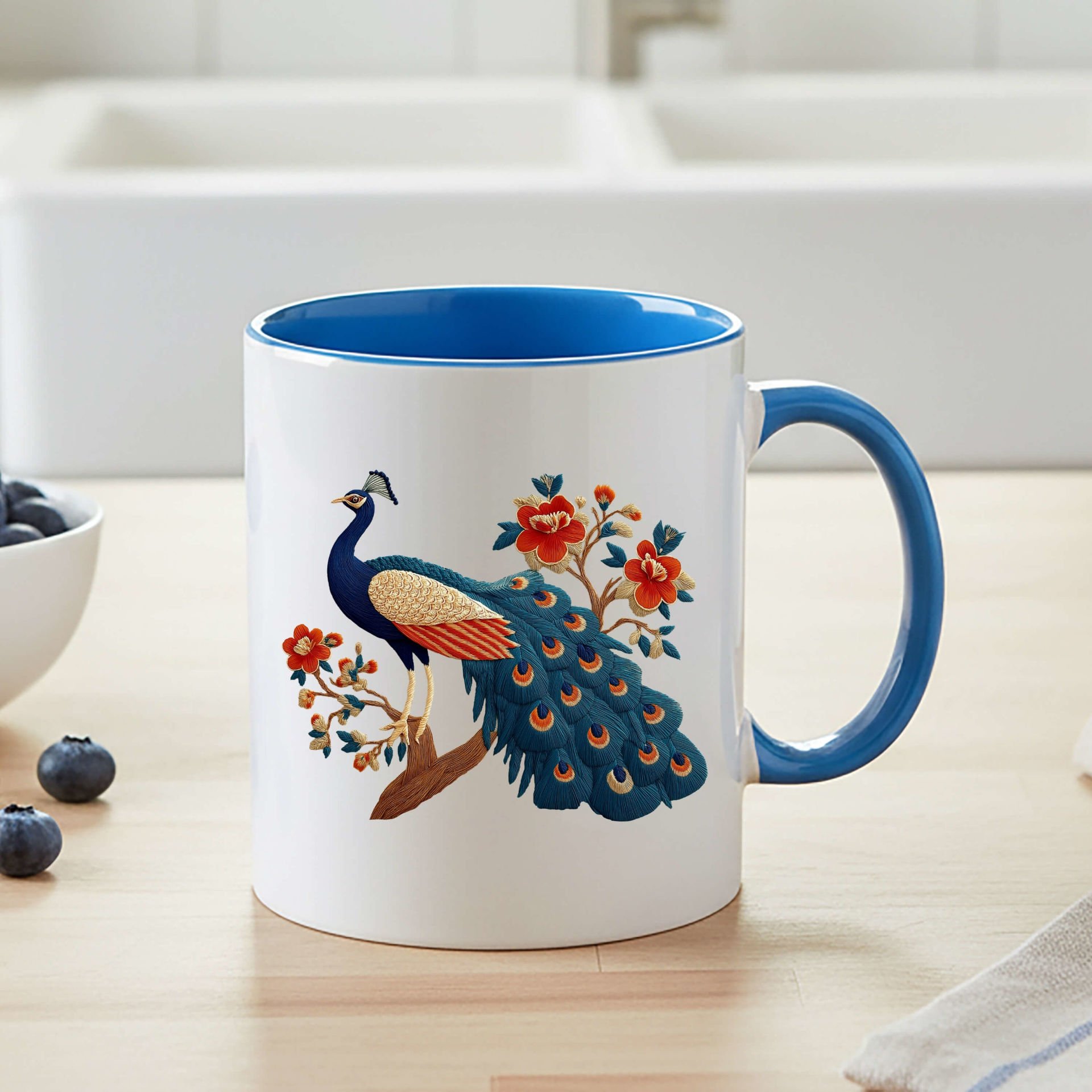 Melekê Tawis Tasarımlı Mavi Renk Klasik Kupa Bardağı - Tavus Kuşu Motifli Klasik Mavi Renkli Kupa Bardak