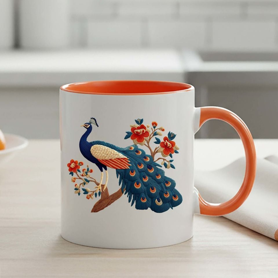 Melekê Tawis Tasarımlı Turuncu Renk Klasik Kupa Bardağı - Tavus Kuşu Motifli Klasik Turuncu Renkli Kupa Bardak