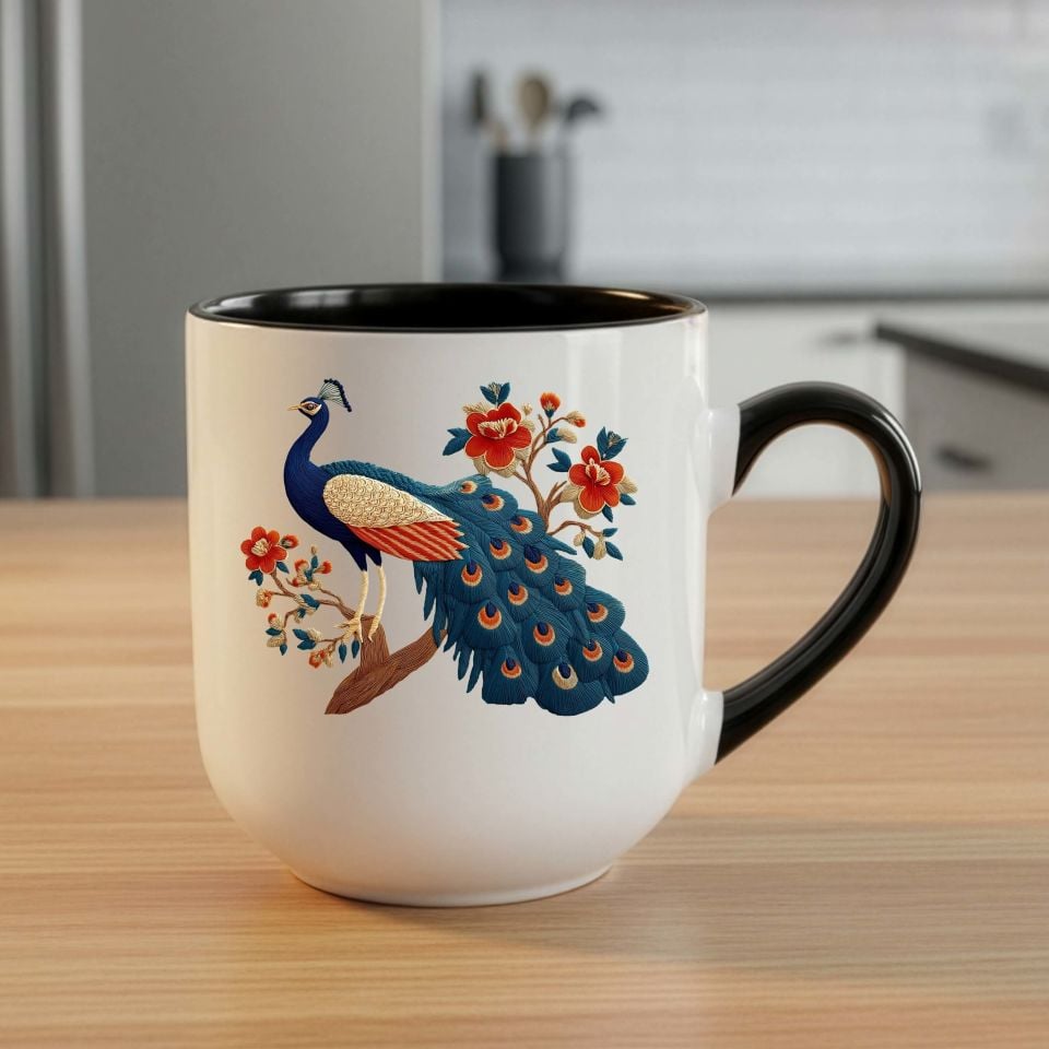 Melekê Tawis Tasarımlı Elite Oval Siyah Kupa Bardağı - Tavus Kuşu Motifli Elite Oval Siyah Renkli Kupa Bardak