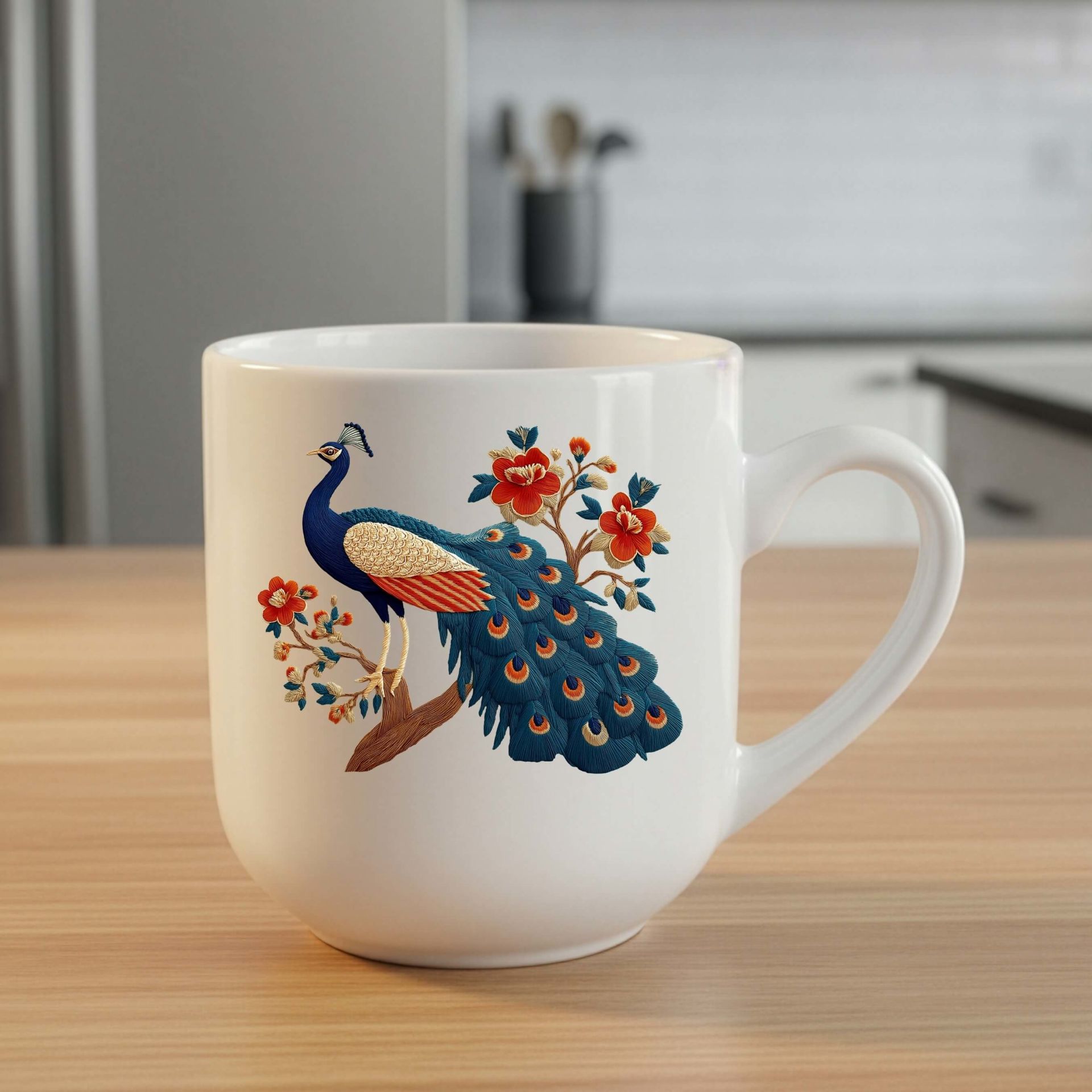 Melekê Tawis Tasarımlı Elite Oval Beyaz Kupa Bardağı - Tavus Kuşu Motifli Elite Oval Beyaz Renkli Kupa Bardak