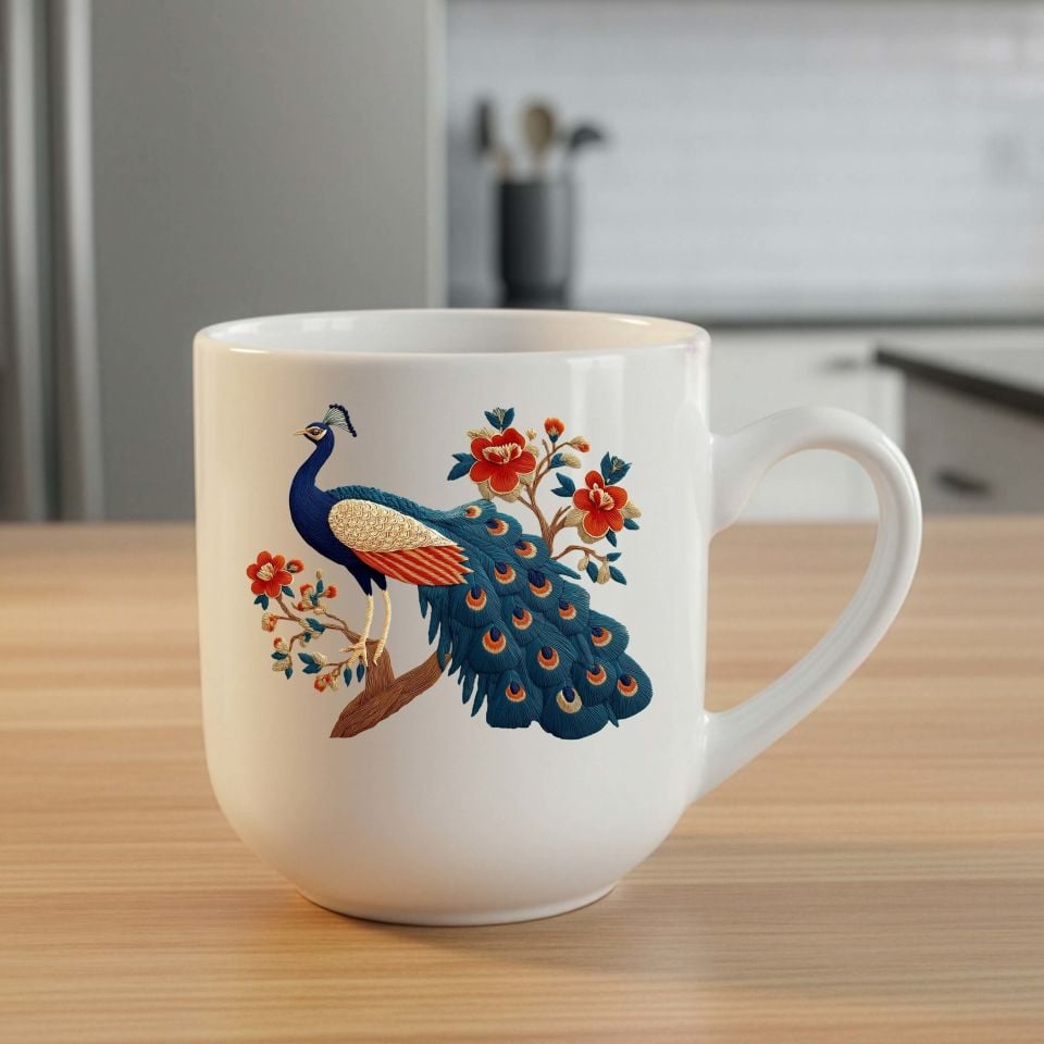 Melekê Tawis Tasarımlı Elite Oval Beyaz Kupa Bardağı - Tavus Kuşu Motifli Elite Oval Beyaz Renkli Kupa Bardak