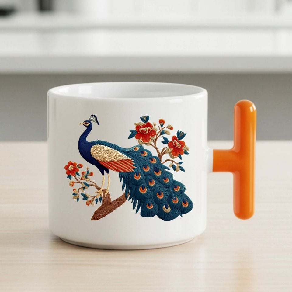 Melekê Tawis Tasarımlı Turuncu T Kupa Bardağı - Tavus Kuşu Motifli Turuncu T Renkli Kupa Bardak