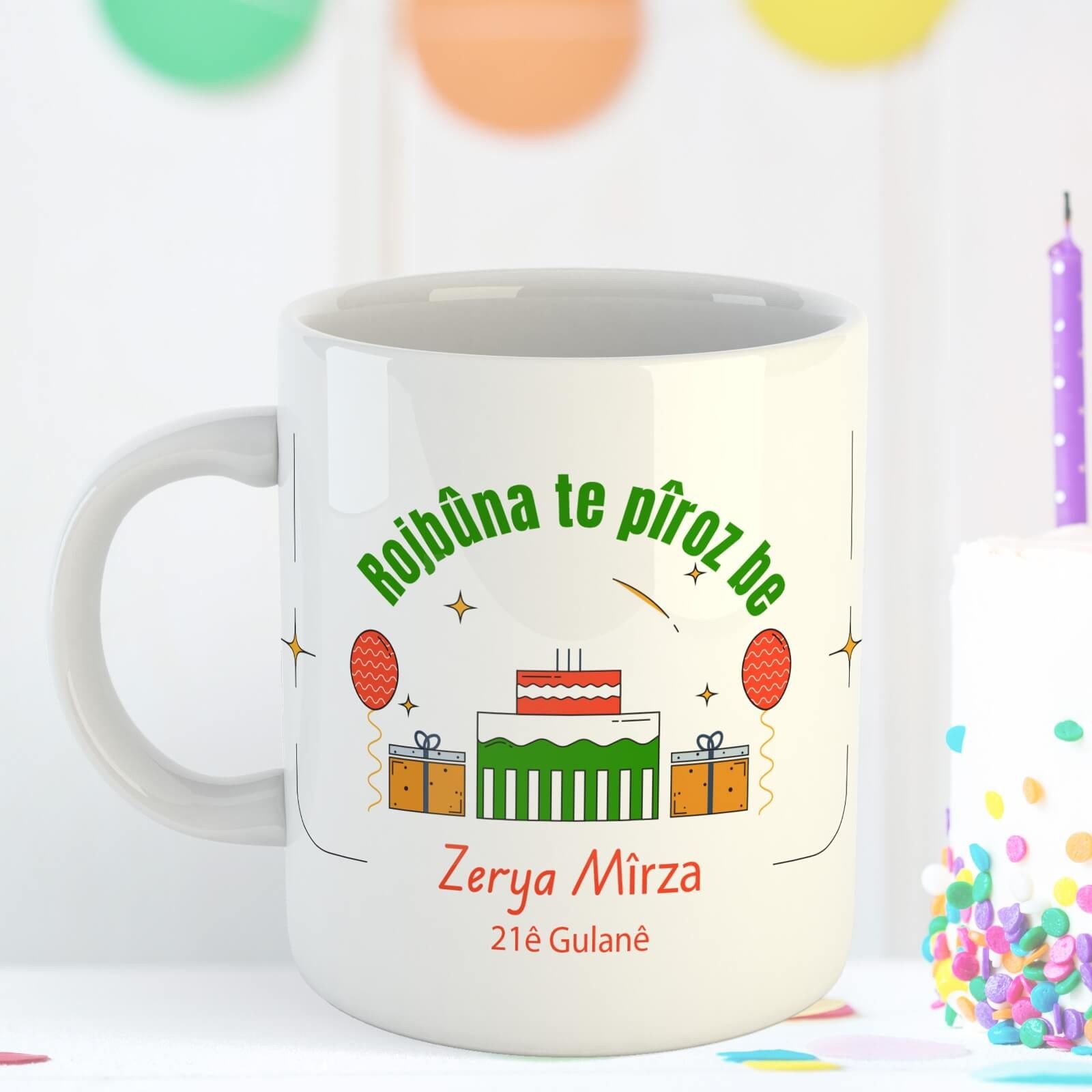 İsme Özel ve Doğum Tarihli Kürtçe Doğum Günü Kutlama Kupa Bardağı - Rojbûna Te Pîroz be Kupası