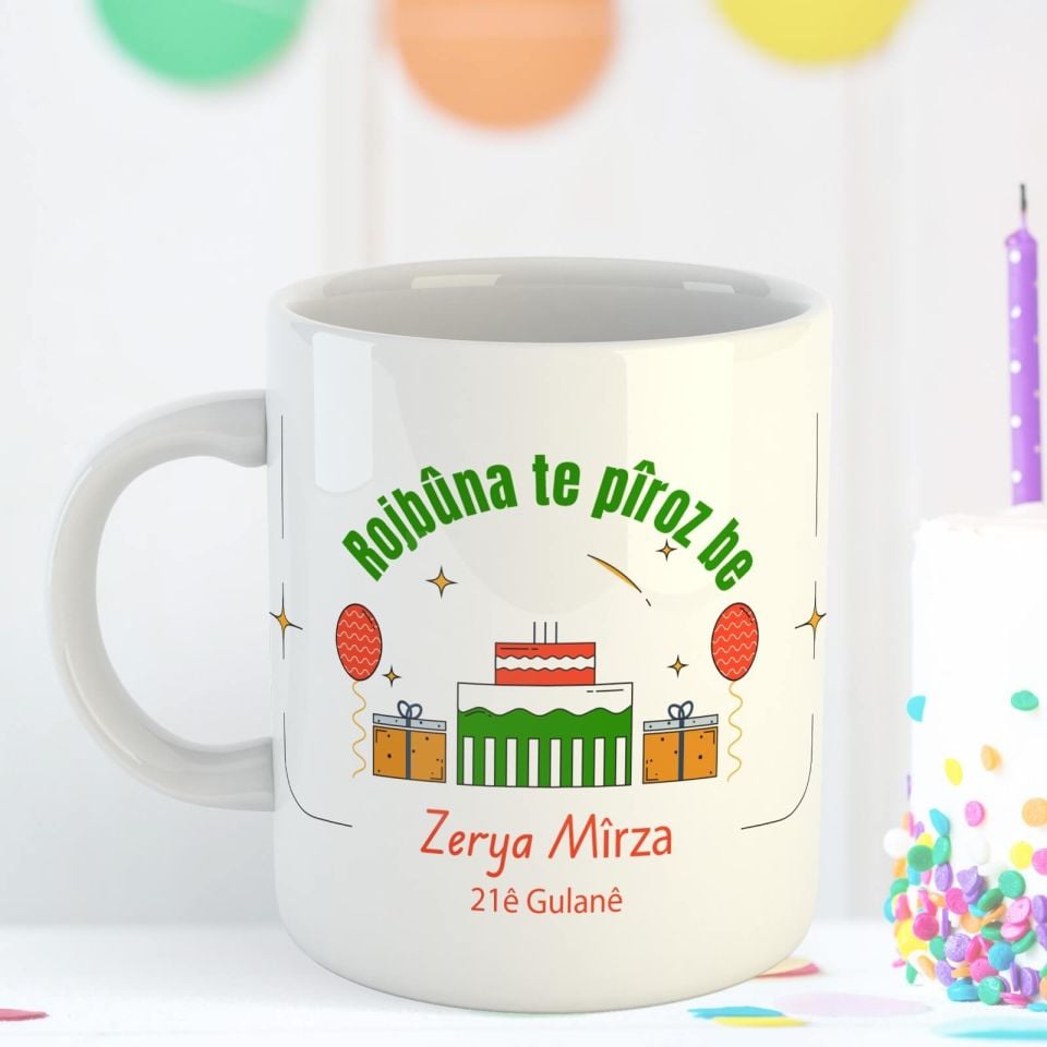 İsme Özel ve Doğum Tarihli Kürtçe Doğum Günü Kutlama Kupa Bardağı - Rojbûna Te Pîroz be Kupası