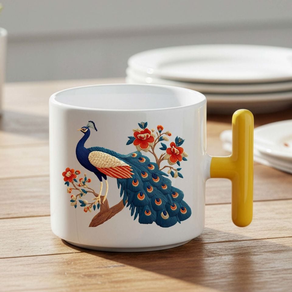 Melekê Tawis Tasarımlı Sarı T Kupa Bardağı - Tavus Kuşu Motifli Sarı T Renkli Kupa Bardak