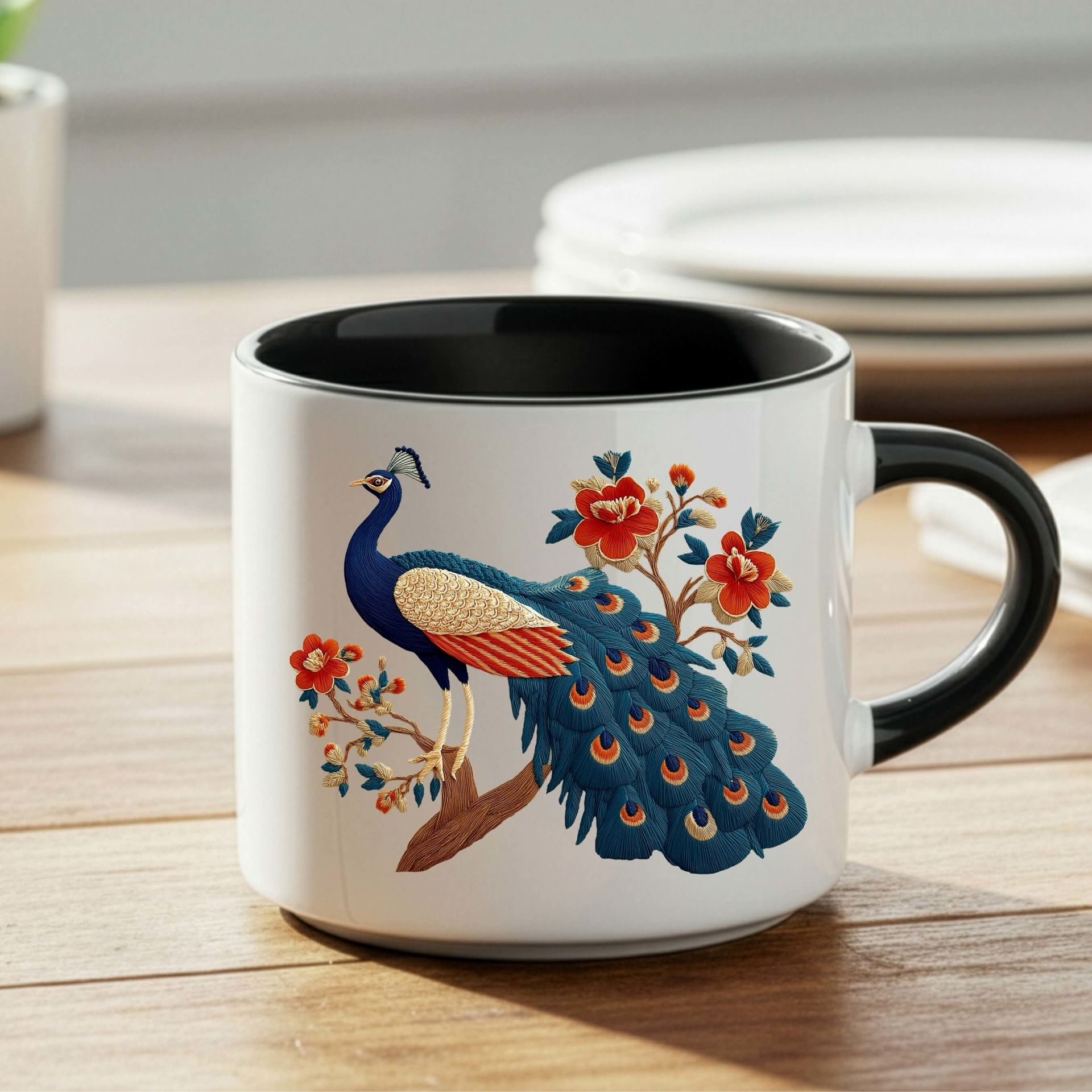 Melekê Tawis Tasarımlı Nescafe Siyah Kupa Bardağı - Tavus Kuşu Motifli Nescafe Siyah Renkli Kupa Bardak