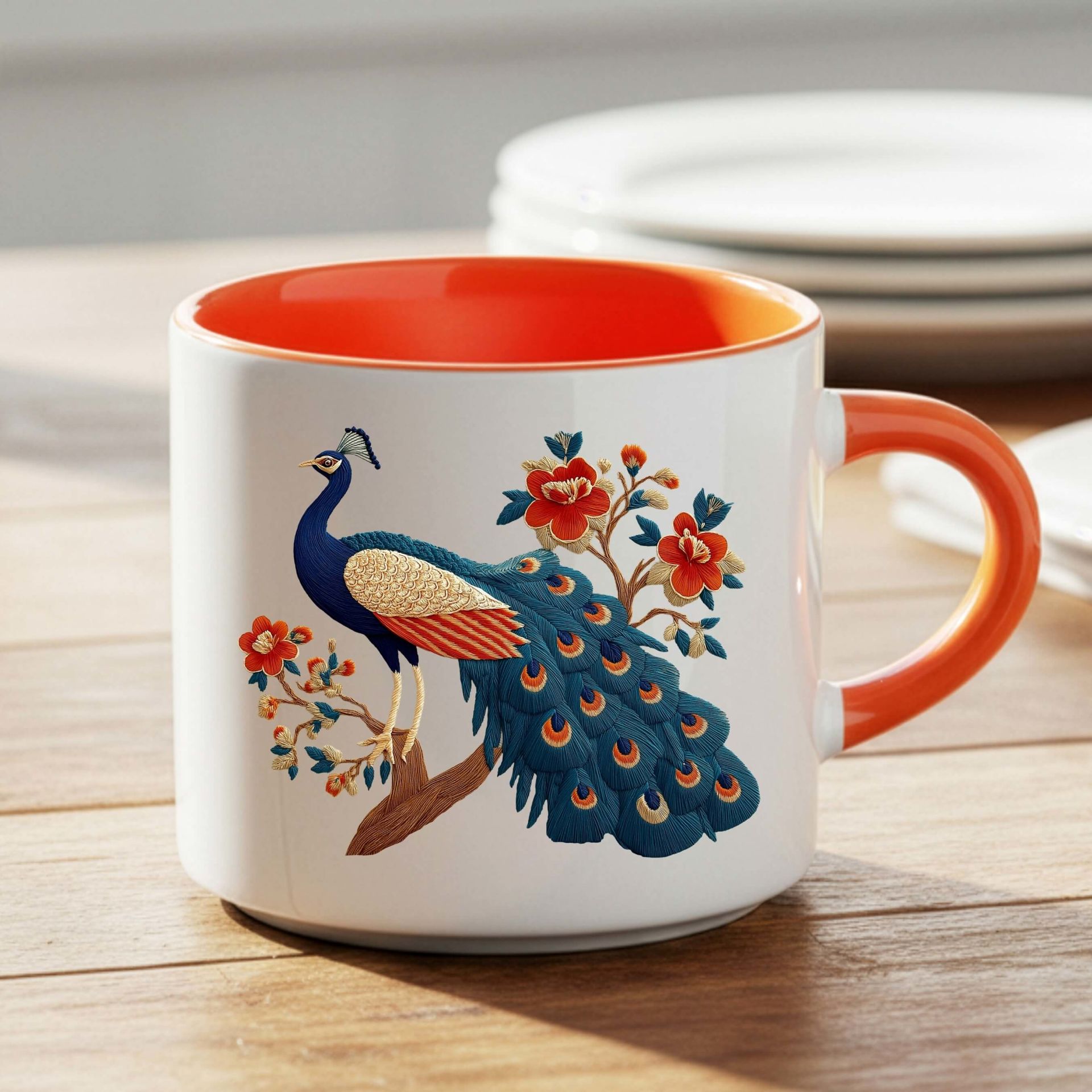 Melekê Tawis Tasarımlı Nescafe Turuncu Kupa Bardağı - Tavus Kuşu Motifli Nescafe Turuncu Renkli Kupa Bardak