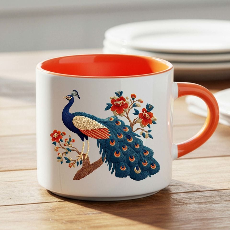 Melekê Tawis Tasarımlı Nescafe Turuncu Kupa Bardağı - Tavus Kuşu Motifli Nescafe Turuncu Renkli Kupa Bardak