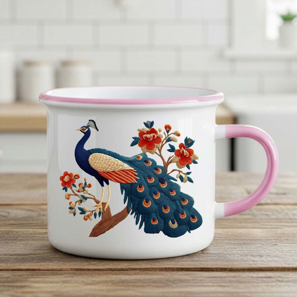 Melekê Tawis Tasarımlı Enamel Pembe Kupa Bardağı - Tavus Kuşu Motifli Enamel Pembe Renkli Kupa Bardak