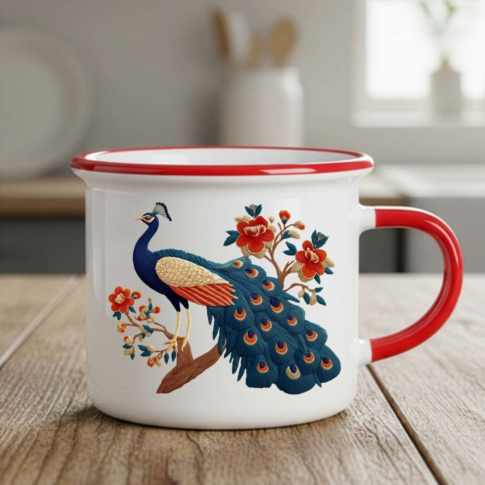 Melekê Tawis Tasarımlı Enamel Kırmızı Kupa Bardağı - Tavus Kuşu Motifli Enamel Kırmızı Renkli Kupa Bardak