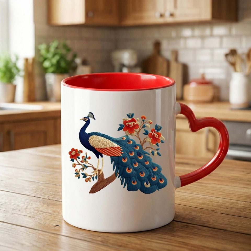 Melekê Tawis Tasarımlı Kalp Kırmızı Kupa Bardağı - Tavus Kuşu Motifli Kalp Kırmızı Renkli Kupa Bardak