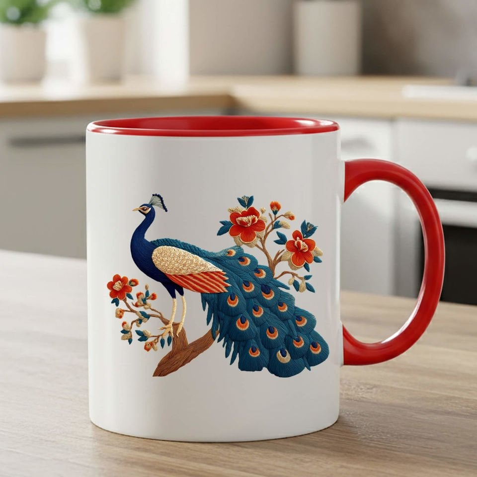 Melekê Tawis Tasarımlı Kırmızı Renk Klasik Kupa Bardağı - Tavus Kuşu Motifli Klasik Kırmızı Renkli Kupa Bardak