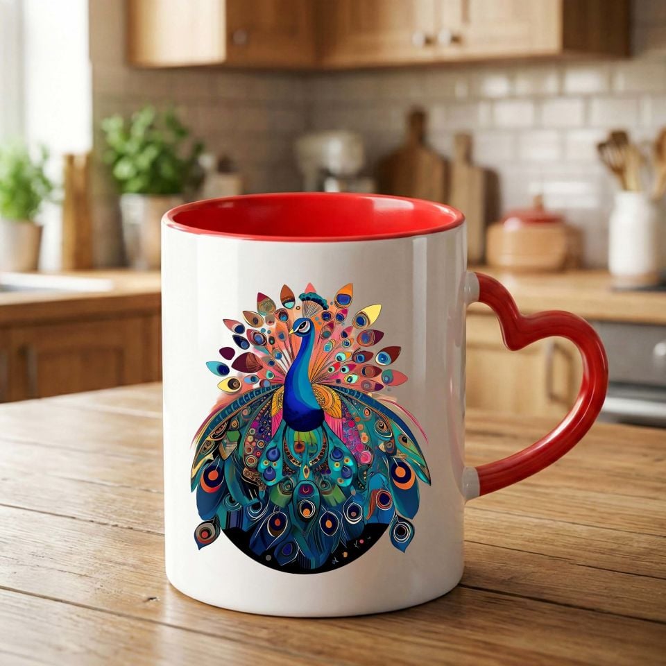 Tavus Kuşu Tasarımlı Kalp Kırmızı Kupa Bardağı - Melekê Tawis Motifli Kalp Kırmızı Renkli Kupa Bardak