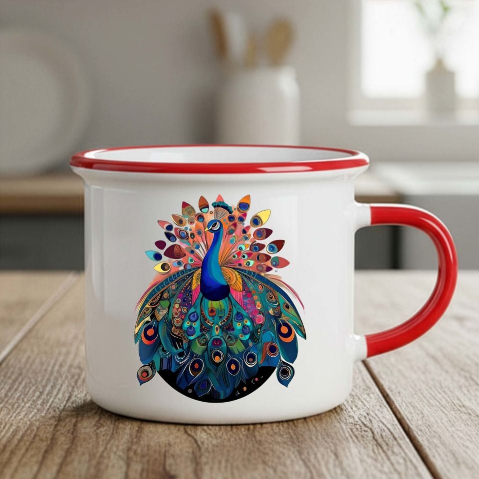 Tavus Kuşu Tasarımlı Enamel Kırmızı Kupa Bardağı - Melekê Tawis Motifli Enamel Kırmızı Renkli Kupa Bardak