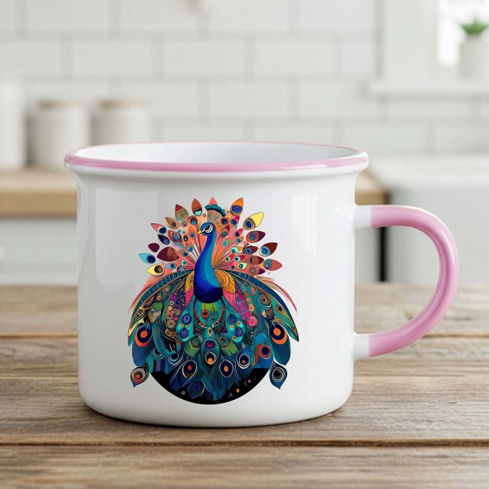 Tavus Kuşu Tasarımlı Enamel Pembe Kupa Bardağı - Melekê Tawis Motifli Enamel Pembe Renkli Kupa Bardak