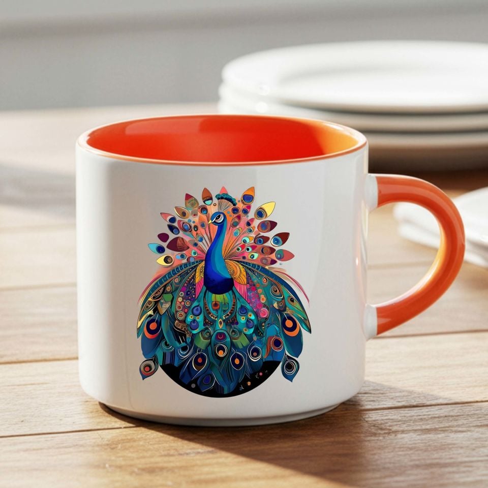 Tavus Kuşu Tasarımlı Nescafe Turuncu Kupa Bardağı - Melekê Tawis Motifli Nescafe Turuncu Renkli Kupa Bardak