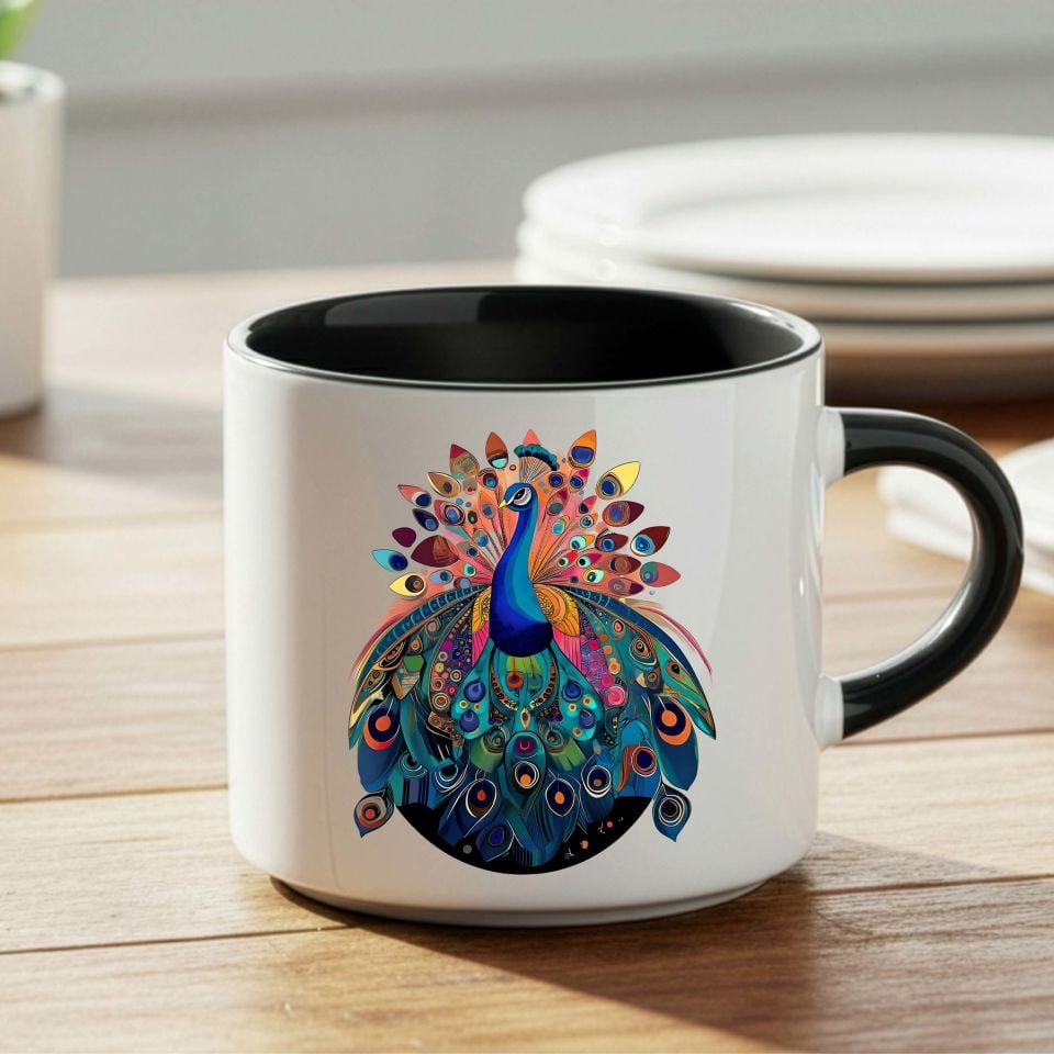 Tavus Kuşu Tasarımlı Nescafe Siyah Kupa Bardağı - Melekê Tawis Motifli Nescafe Siyah Renkli Kupa Bardak