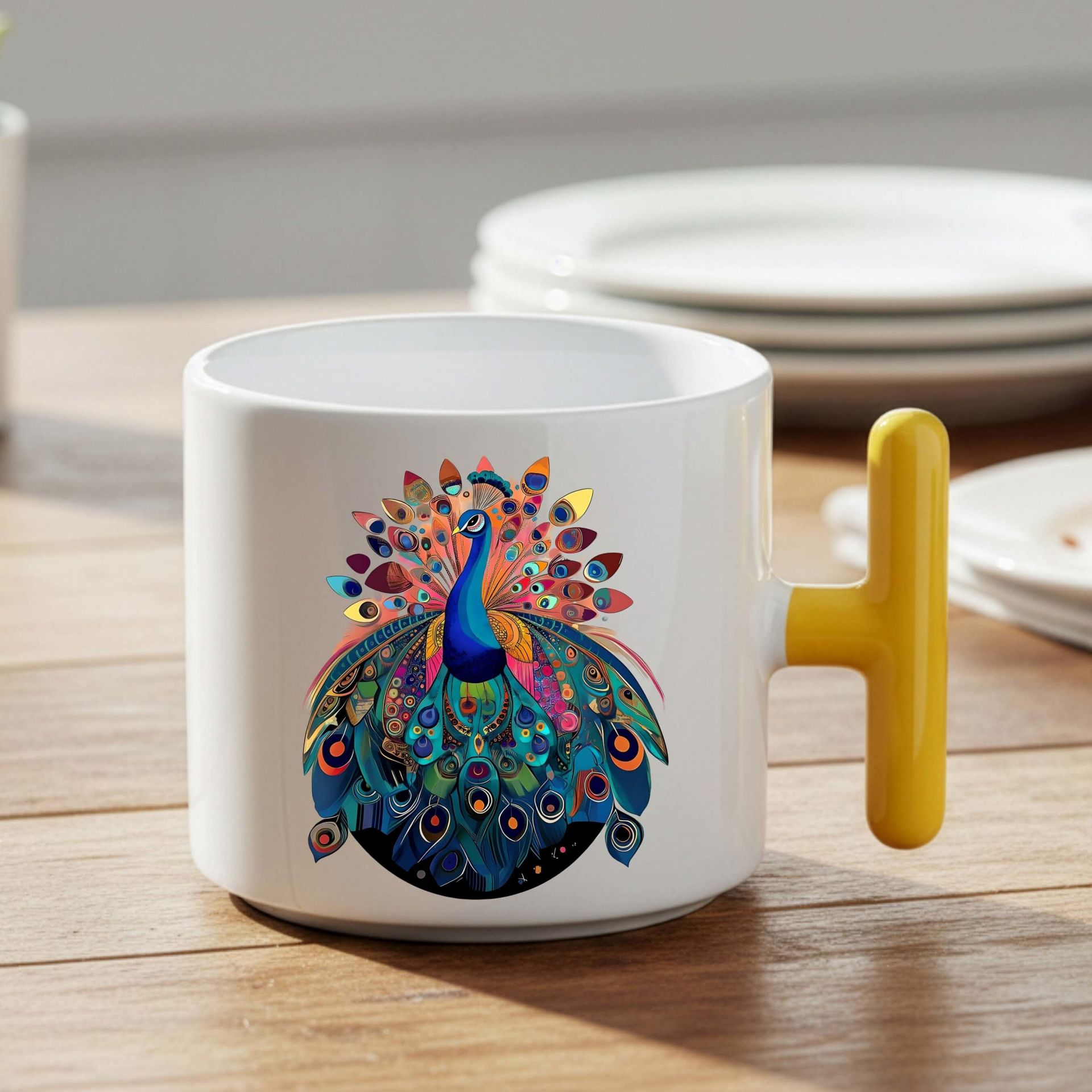 Tavus Kuşu Tasarımlı Sarı T Kupa Bardağı - Melekê Tawis Motifli Sarı T Renkli Kupa Bardak