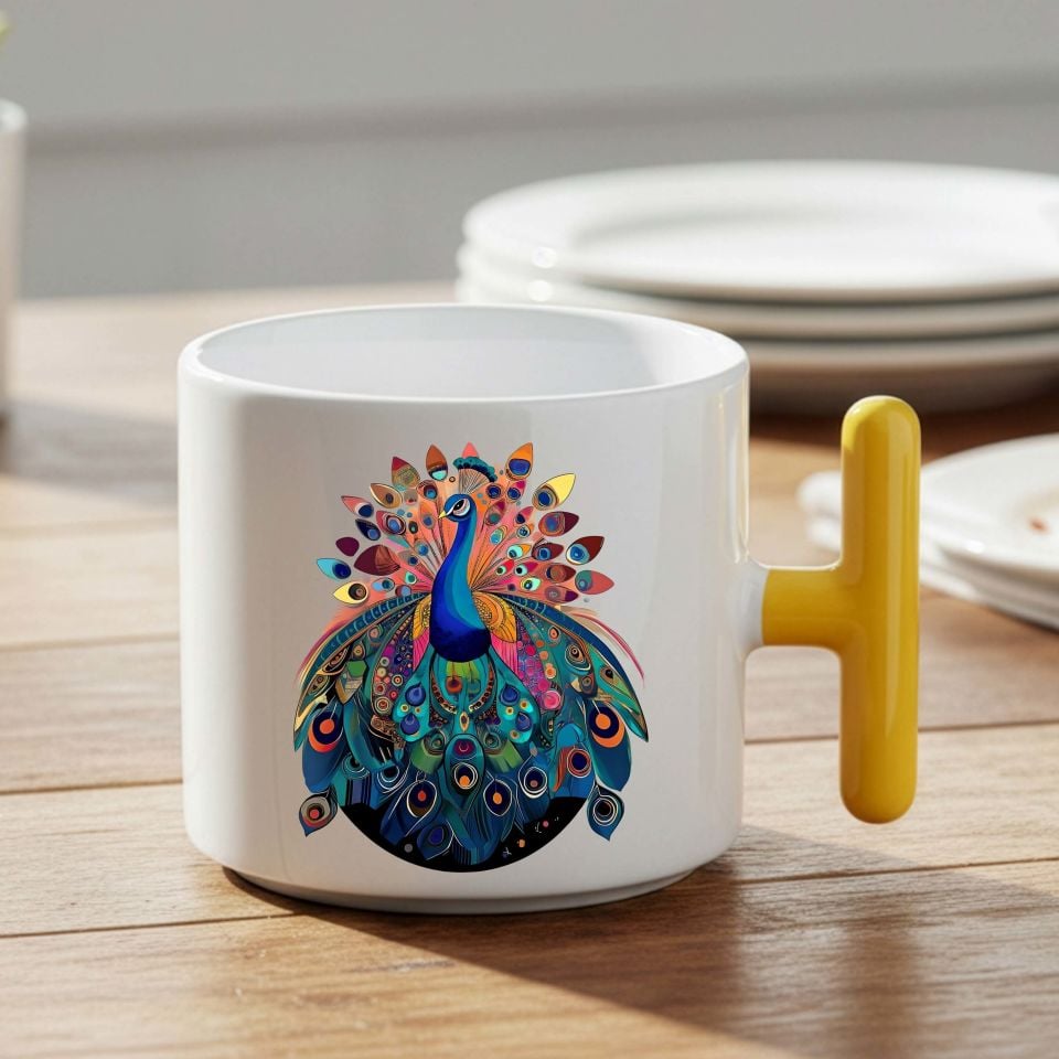 Tavus Kuşu Tasarımlı Sarı T Kupa Bardağı - Melekê Tawis Motifli Sarı T Renkli Kupa Bardak