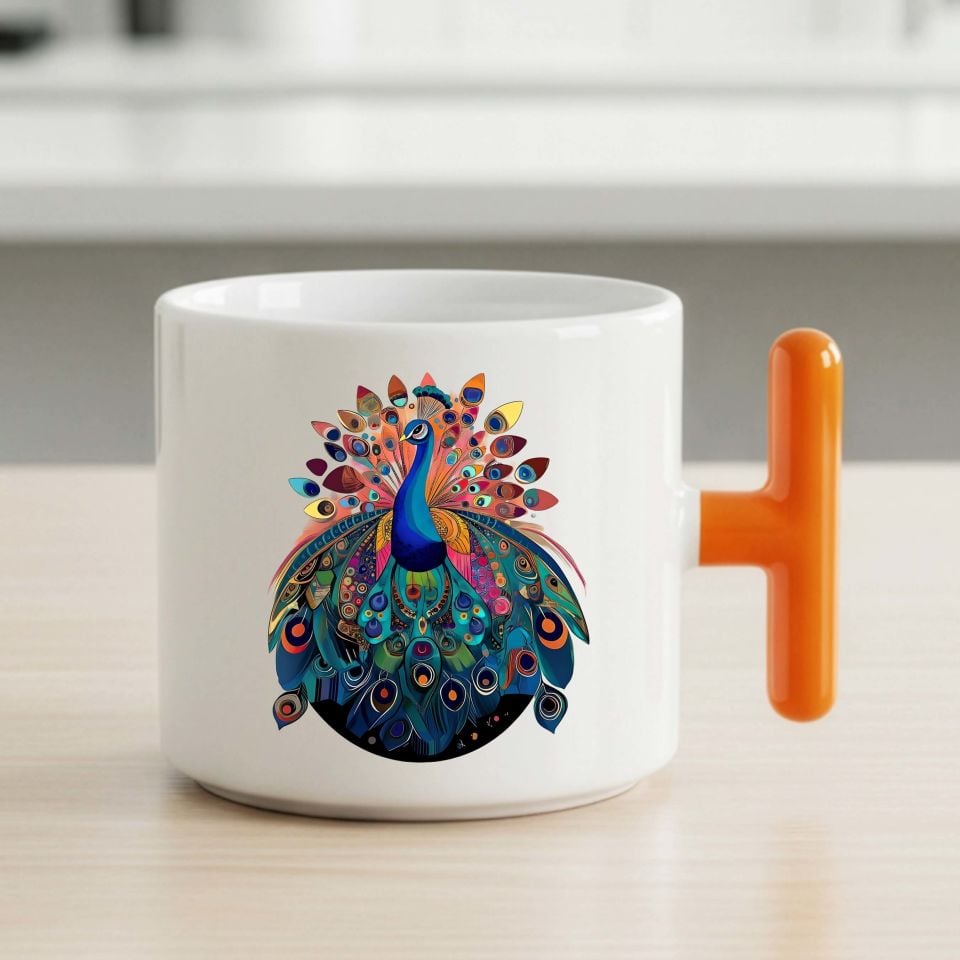 Tavus Kuşu Tasarımlı Turuncu T Kupa Bardağı - Melekê Tawis Motifli Turuncu T Renkli Kupa Bardak