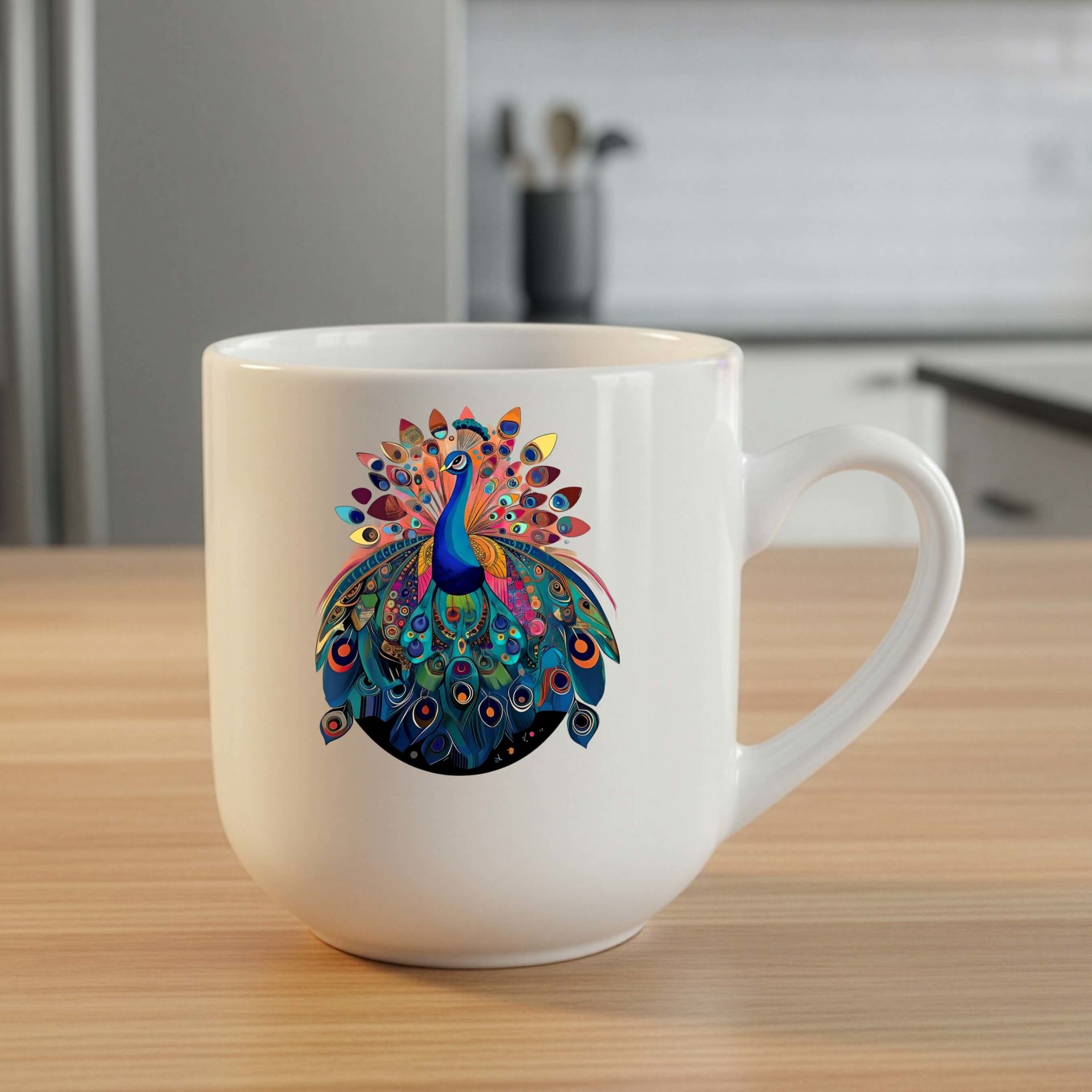 Tavus Kuşu Tasarımlı Elite Oval Beyaz Kupa Bardağı - Melekê Tawis Motifli Elite Oval Beyaz Renkli Kupa Bardak