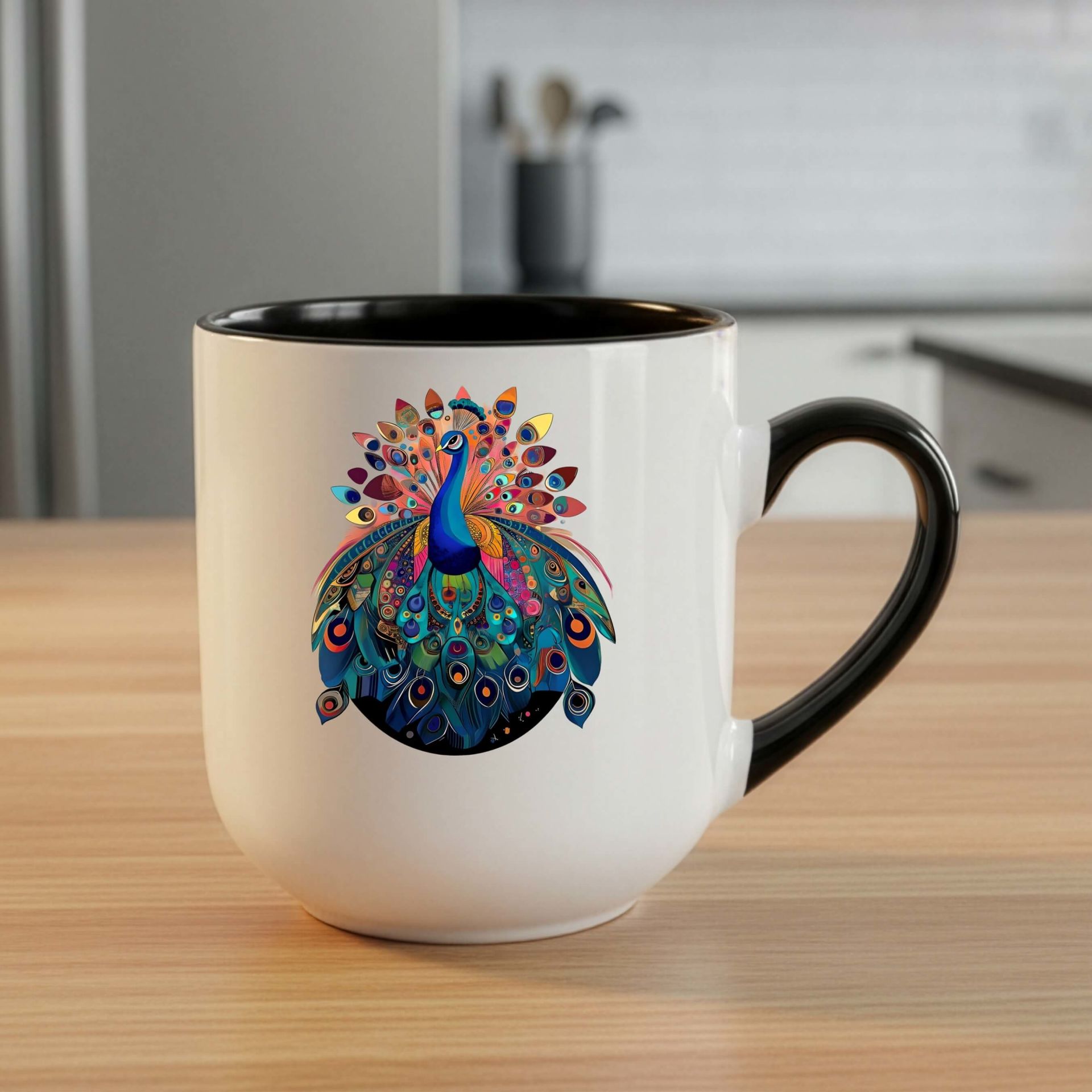 Tavus Kuşu Tasarımlı Elite Oval Siyah Kupa Bardağı - Melekê Tawis Motifli Elite Oval Siyah Renkli Kupa Bardak