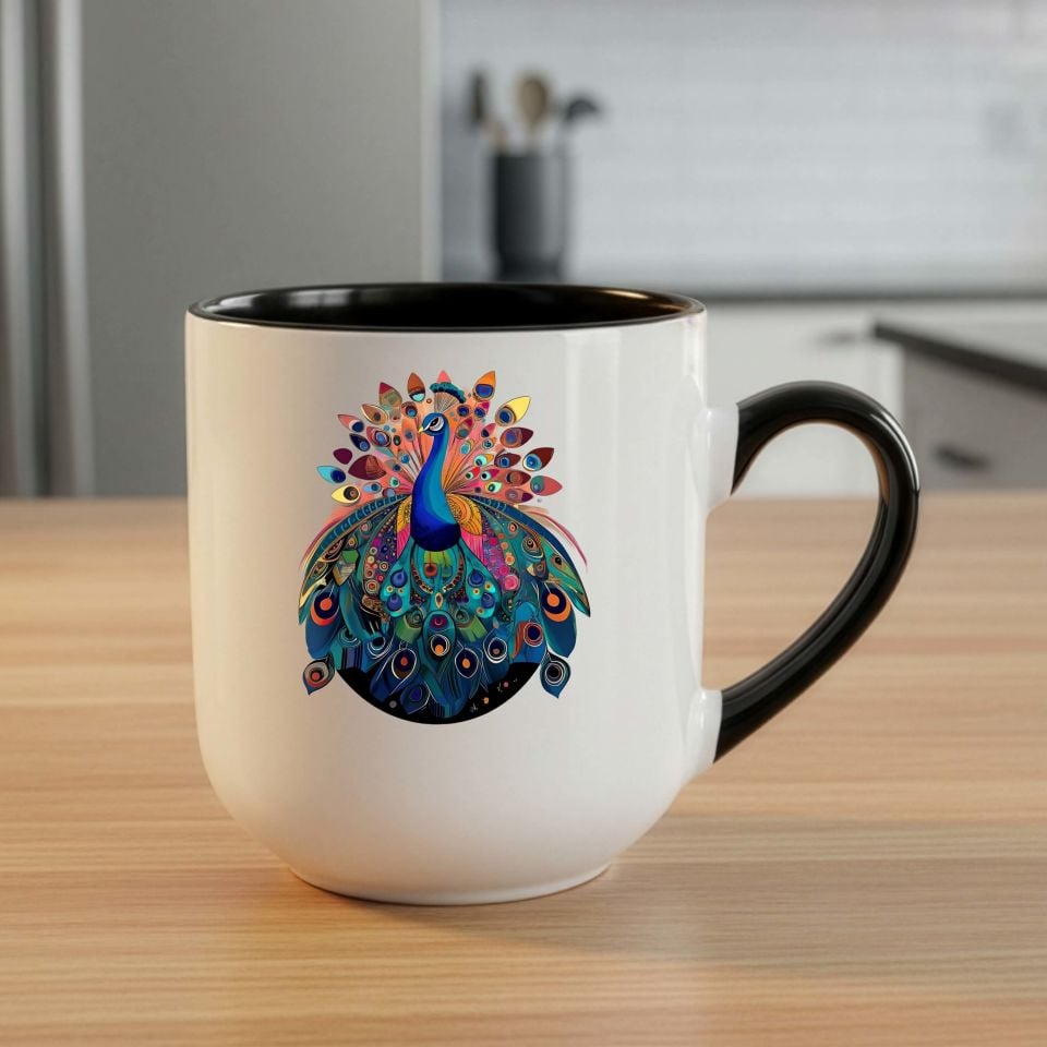 Tavus Kuşu Tasarımlı Elite Oval Siyah Kupa Bardağı - Melekê Tawis Motifli Elite Oval Siyah Renkli Kupa Bardak