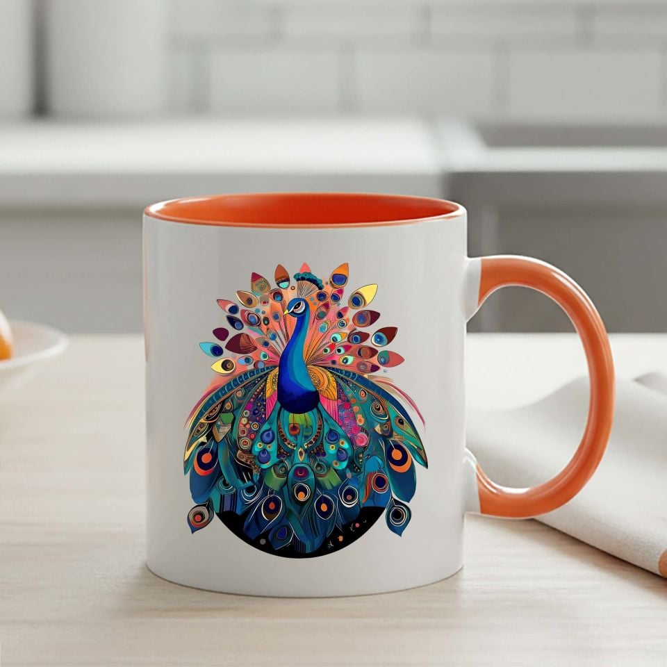 Tavus Kuşu Tasarımlı Turuncu Renk Klasik Kupa Bardağı - Melekê Tawis Motifli Klasik Turuncu Renkli Kupa Bardak