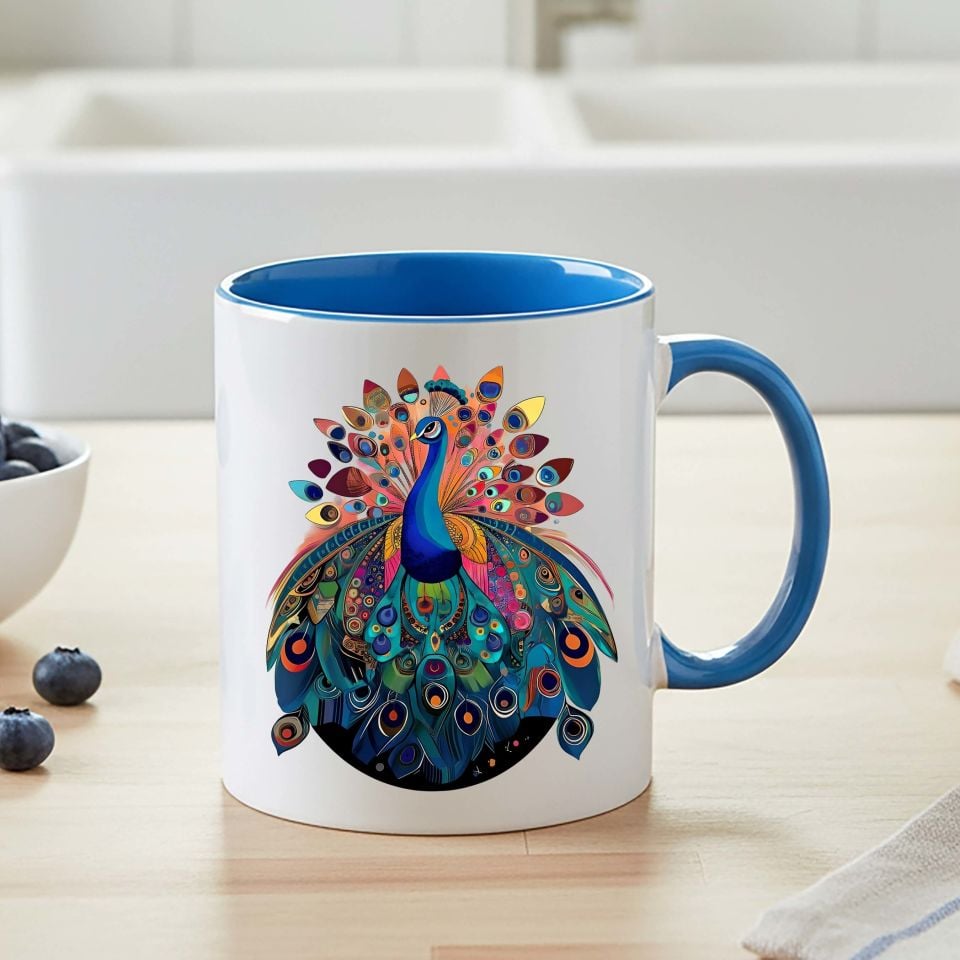 Tavus Kuşu Tasarımlı Mavi Renk Klasik Kupa Bardağı - Melekê Tawis Motifli Klasik Mavi Renkli Kupa Bardak