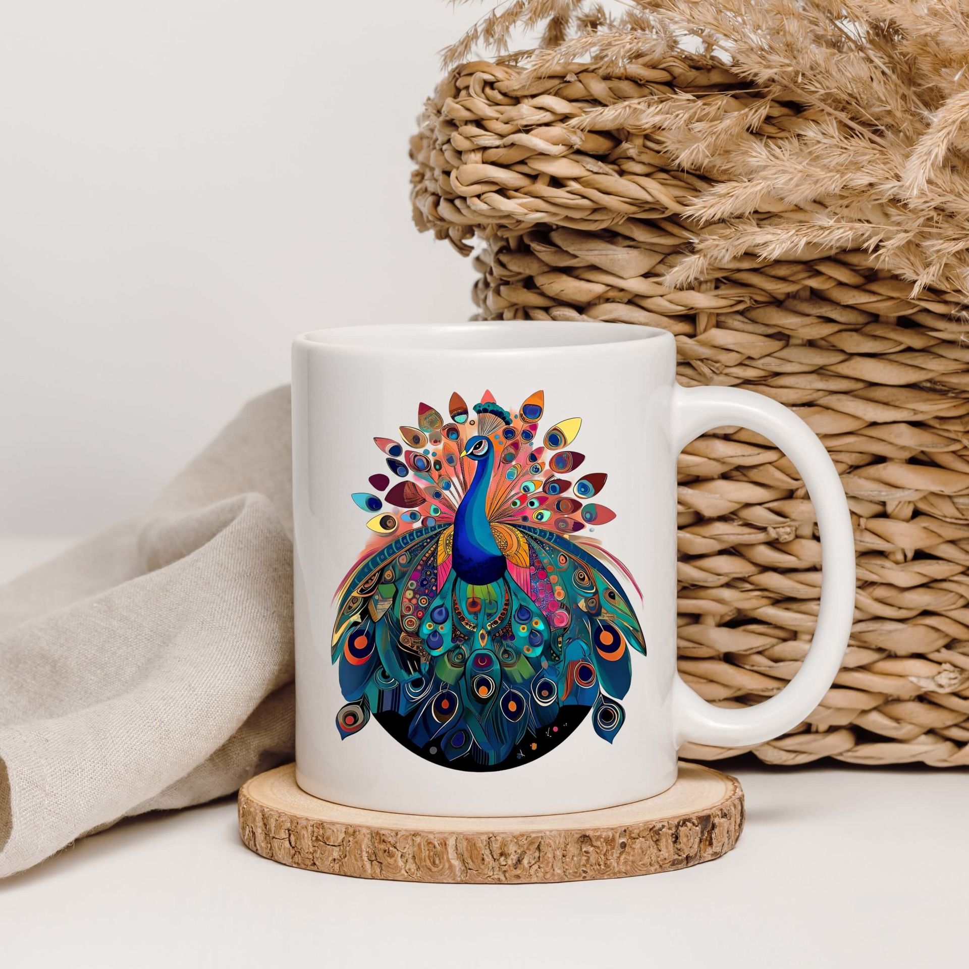 Tavus Kuşu Tasarımlı Klasik Kupa Bardağı - Melekê Tawis Motifli Klasik Beyaz Renkli Kupa Bardak