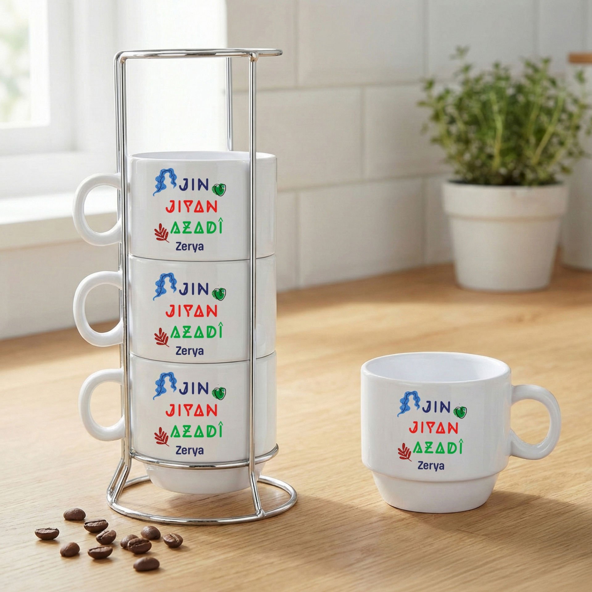 İsme Özel Jin Jiyan Azadi Yazılı Standlı 4'lü Porselen Kahve Fincan Seti - Kişiye Özel Jin Jiyan Azadi Kahve Fincanları
