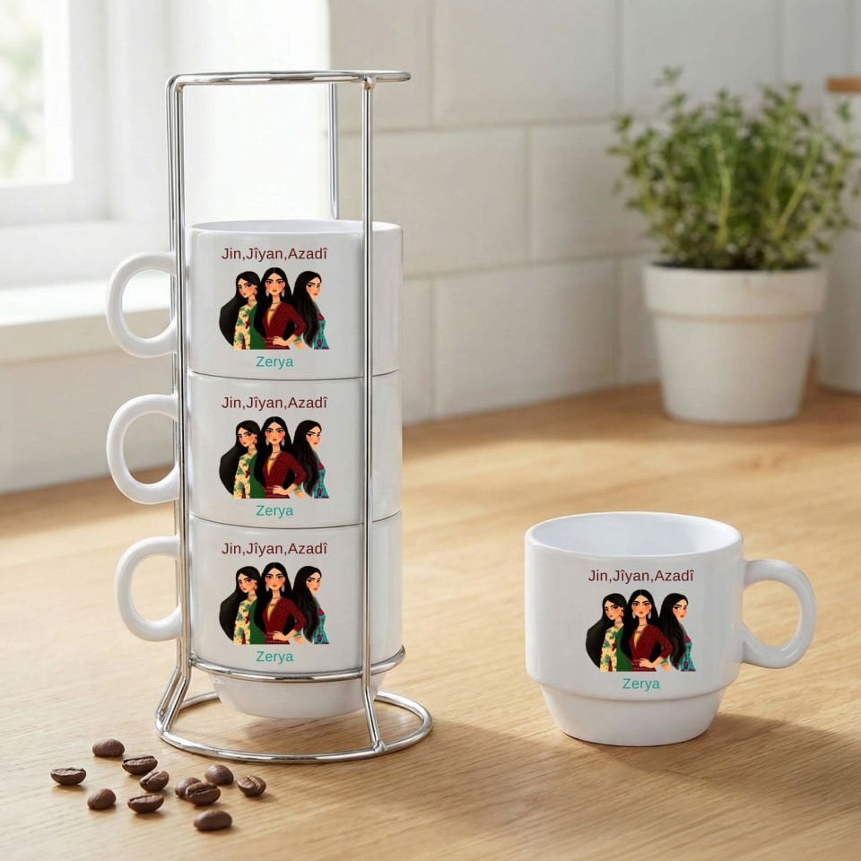 İsme Özel Jin Jiyan Azadi Tasarımlı Standlı 4'lü Porselen Kahve Fincan Seti - Kişiye Özel Jin Jiyan Azadi Kahve Fincanları